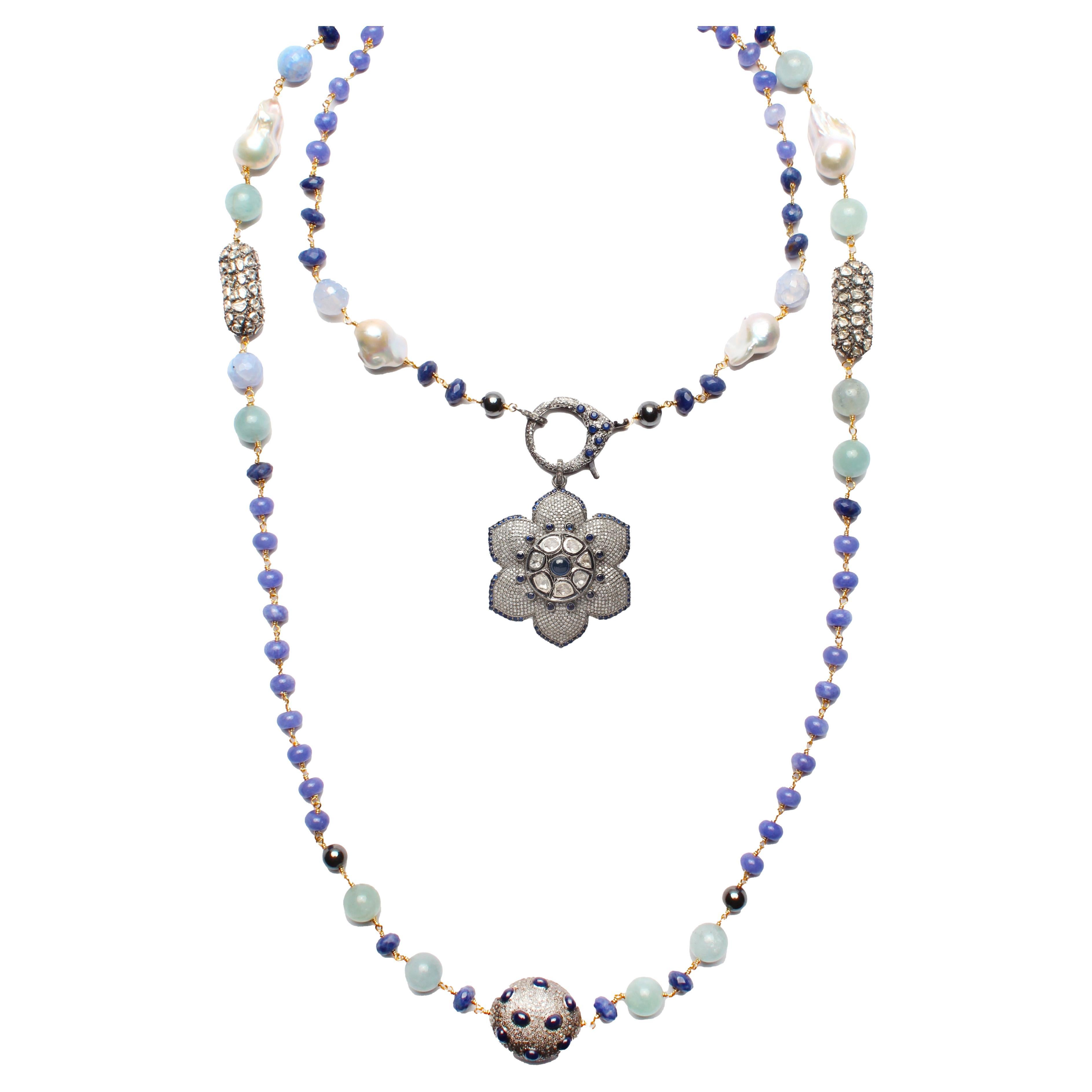 CLARISSA BRONFMAN Collana con Zaffiro Polki Diamante Fiore Tanzanite Perla Carmen