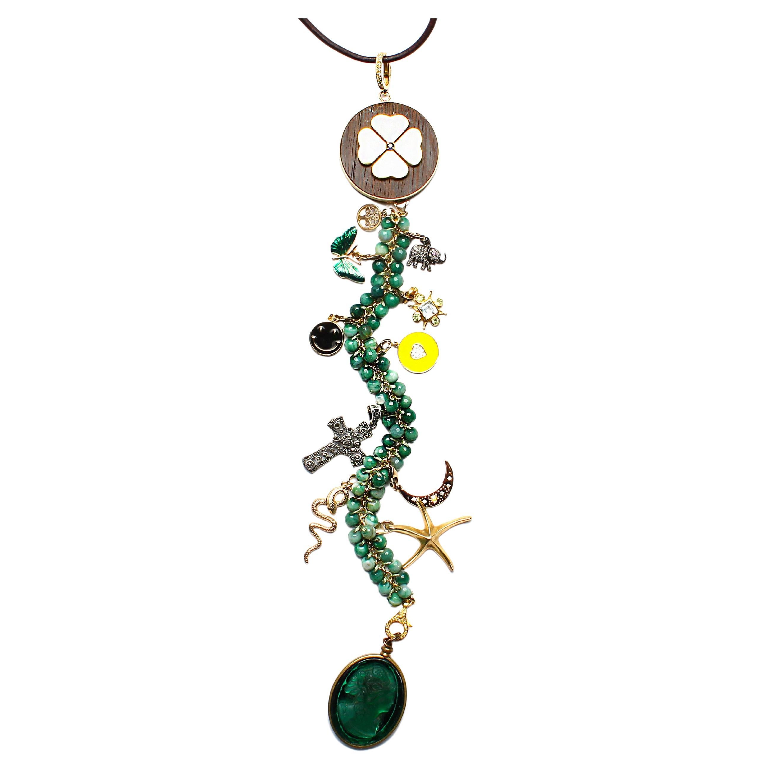 CLARISSA BRONFMAN "Selva Magica" Emerald 14k Gold Diamond Symbol Tree Necklace For Sale