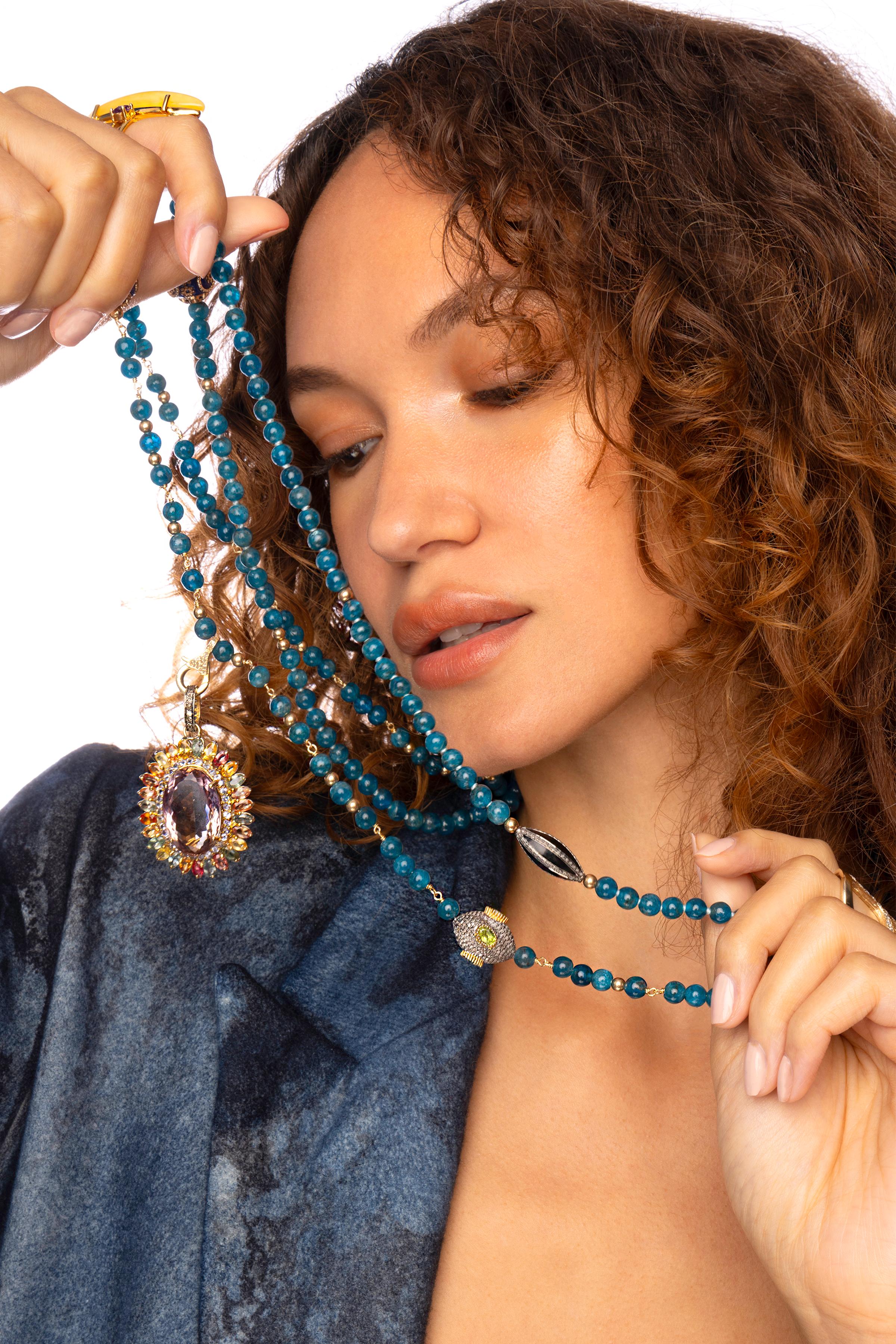 CLARISSA BRONFMAN Set of 2 Apatite Necklaces & Polki Diamond Sapphire Flower In New Condition For Sale In New York, NY