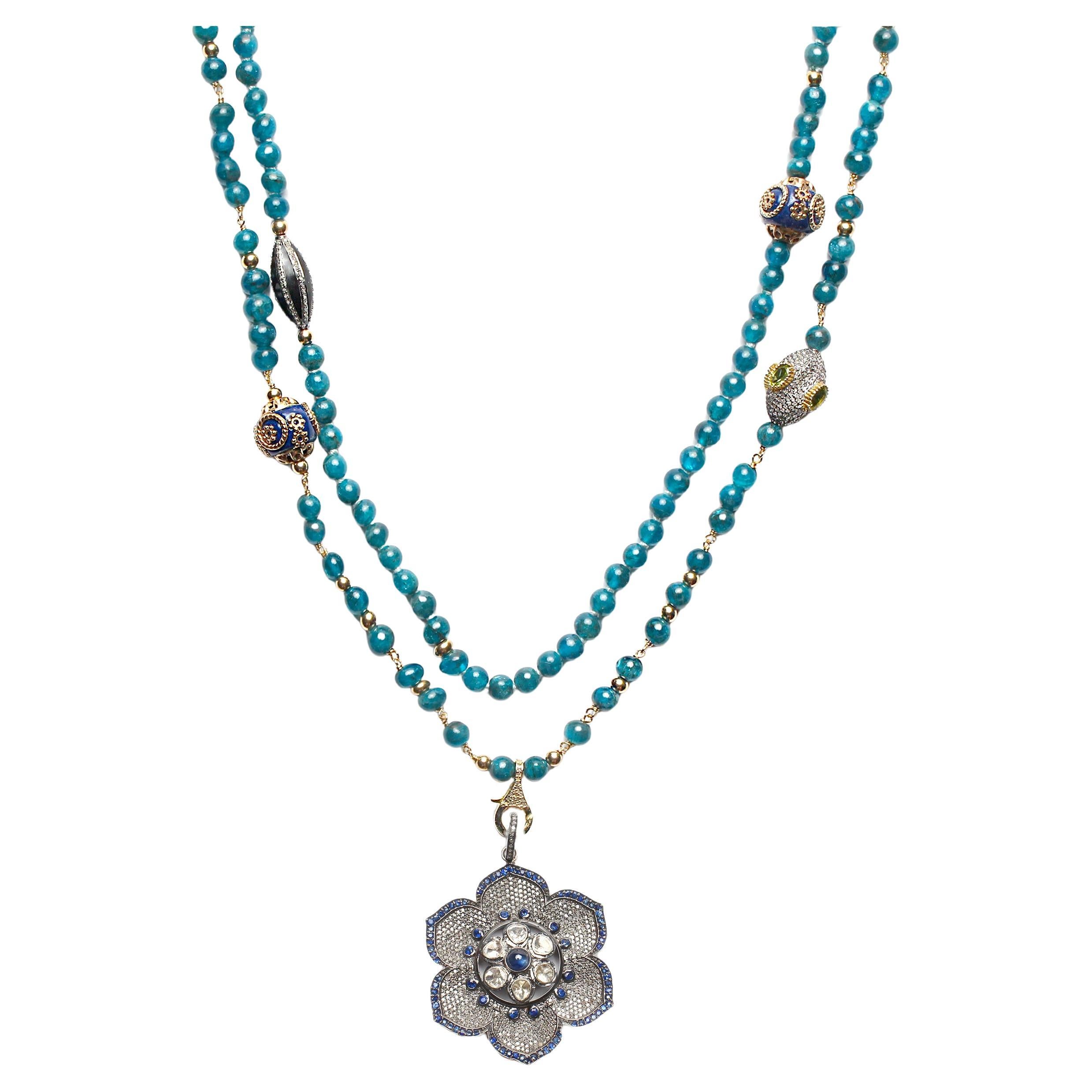 CLARISSA BRONFMAN Set of 2 Apatite Necklaces & Polki Diamond Sapphire Flower