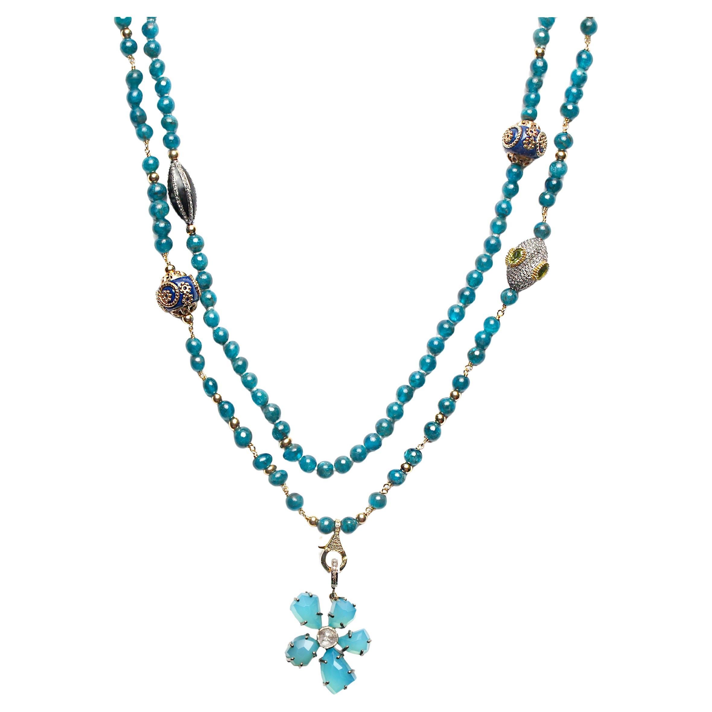 CLARISSA BRONFMAN Setof2 Apatite Peridot Diamond Beaded Necklace & Agate Flower