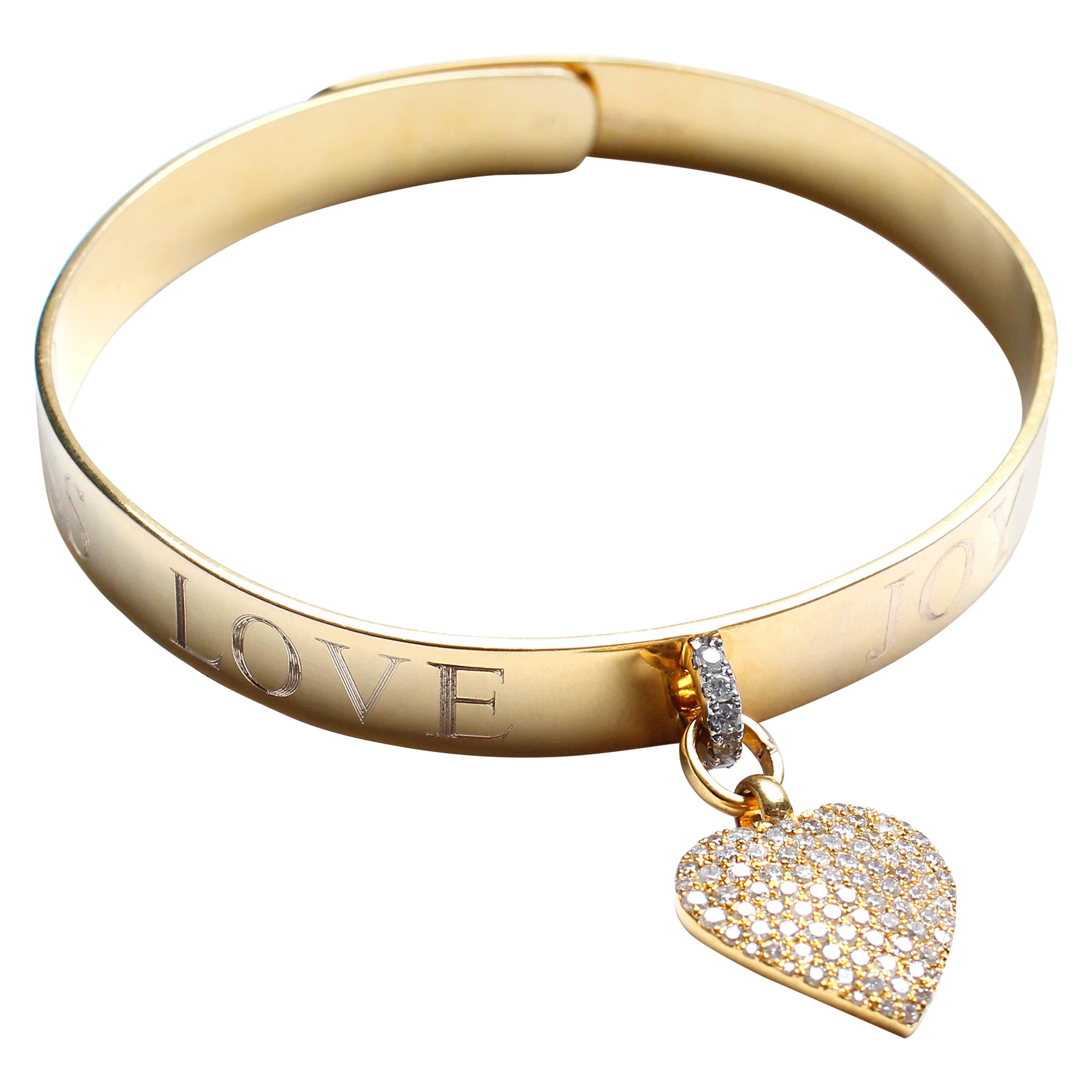 Clarissa Bronfman Signature 14 Karat Gold Diamond Engraved Heart Bangle