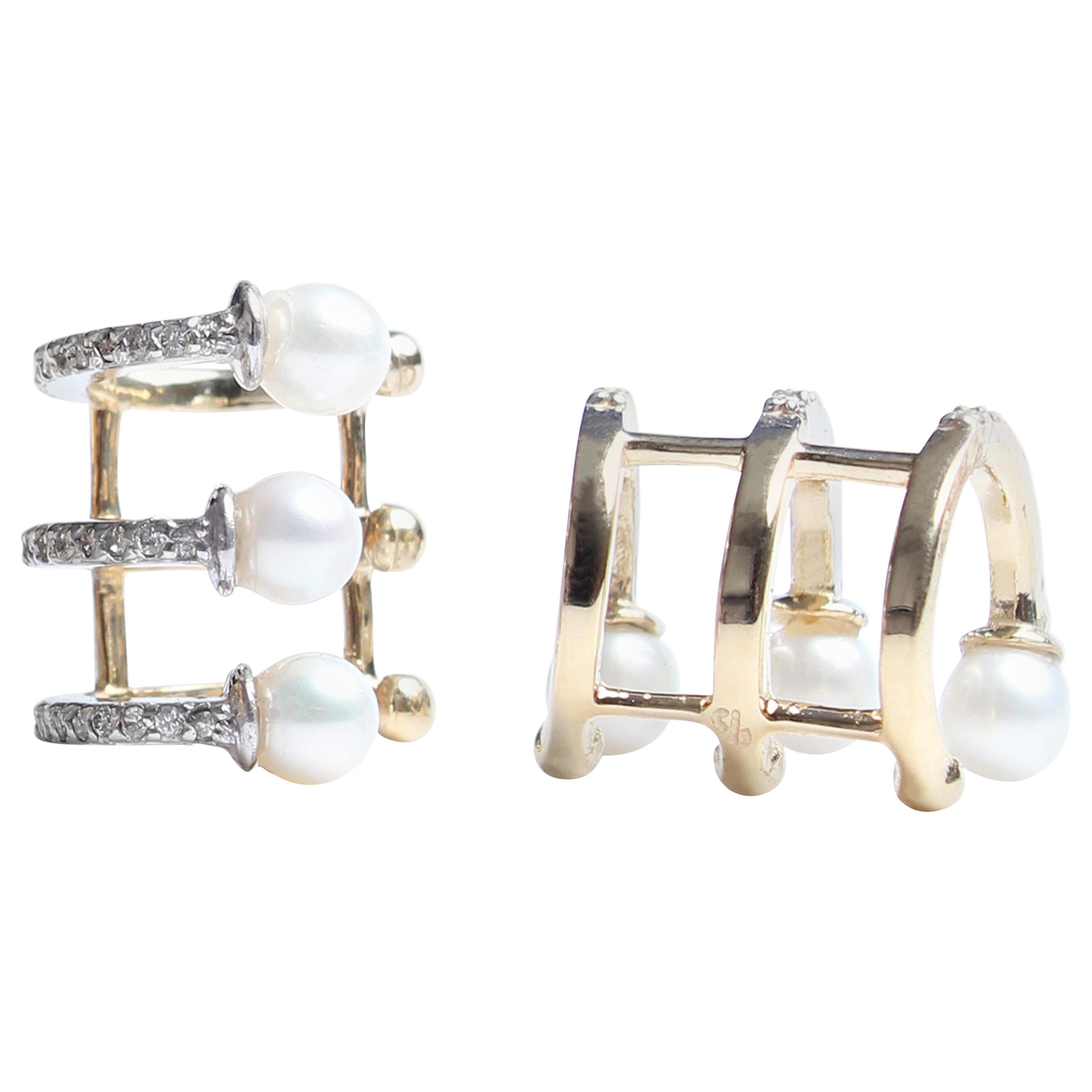 Clarissa Bronfman Signature 14 Karat Gold, Diamond, Pearl "Bettina" Cuff Earring For Sale