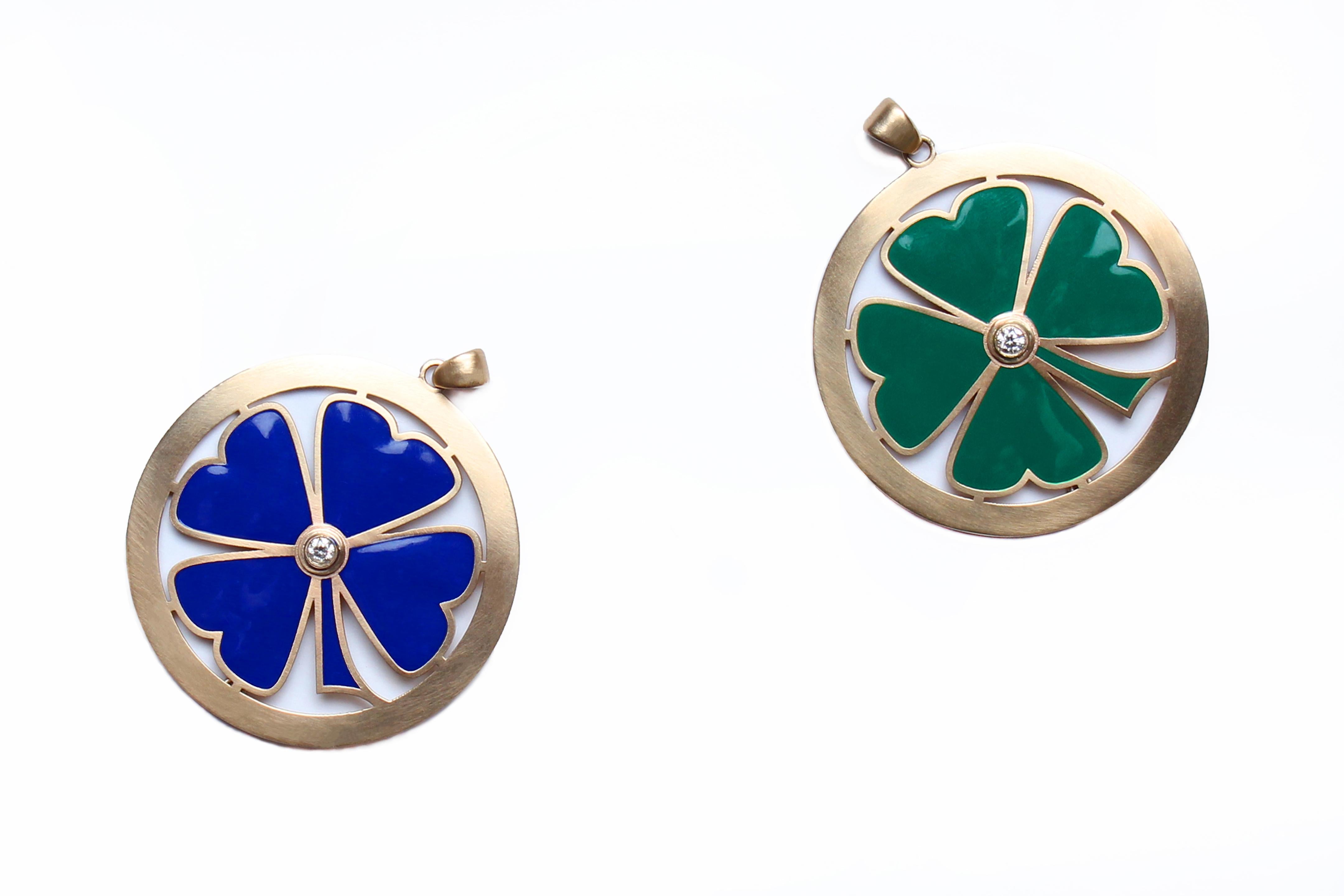 Women's or Men's Clarissa Bronfman Signature 14 Karat Gold, Enamel, Diamond Clover Pendant