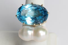 CLARISSA BRONFMAN Signature Blue Topaz Gold Twin Pearl "Claribomba Candy" Ring