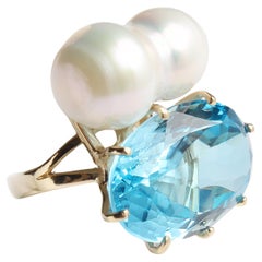 CLARISSA BRONFMAN Signatur Blauer Topas Gold Twin Perle „Claribomba Candy“ Ring