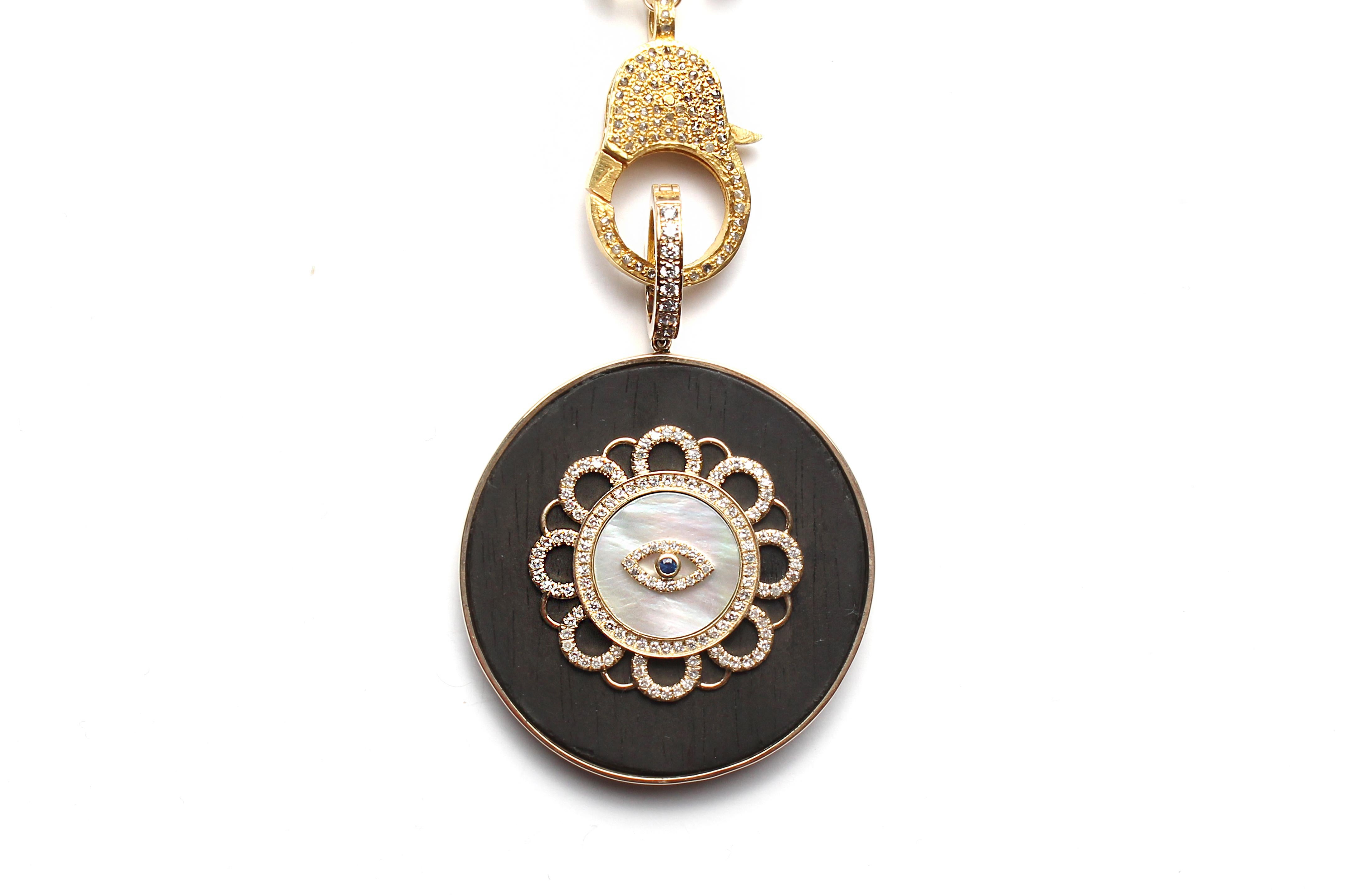 Clarissa Bronfman Signature Ebony 14k Gold Diamond Mother of Pearl Eye Pendant In New Condition For Sale In New York, NY