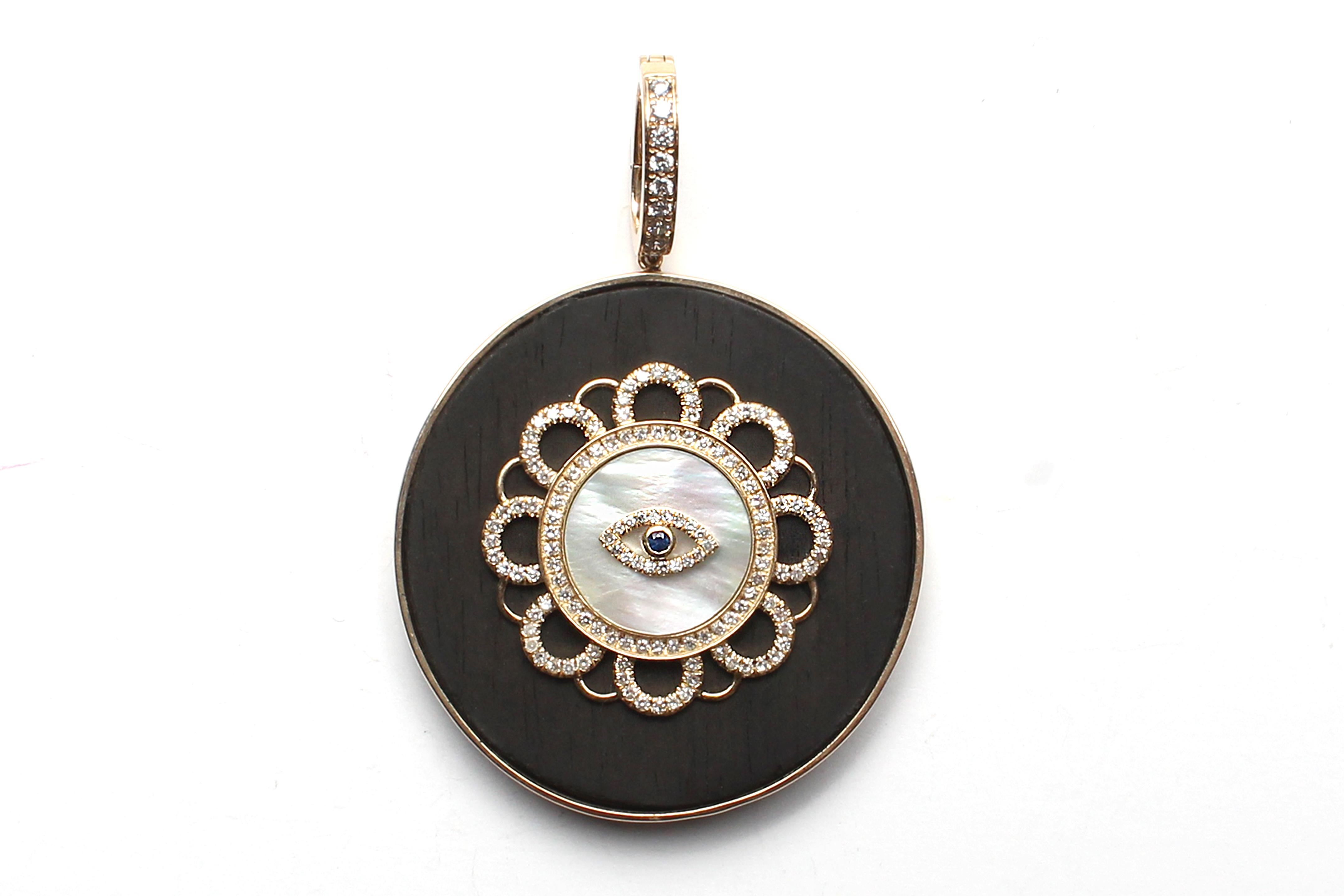 Women's or Men's Clarissa Bronfman Signature Ebony 14k Gold Diamond Mother of Pearl Eye Pendant For Sale