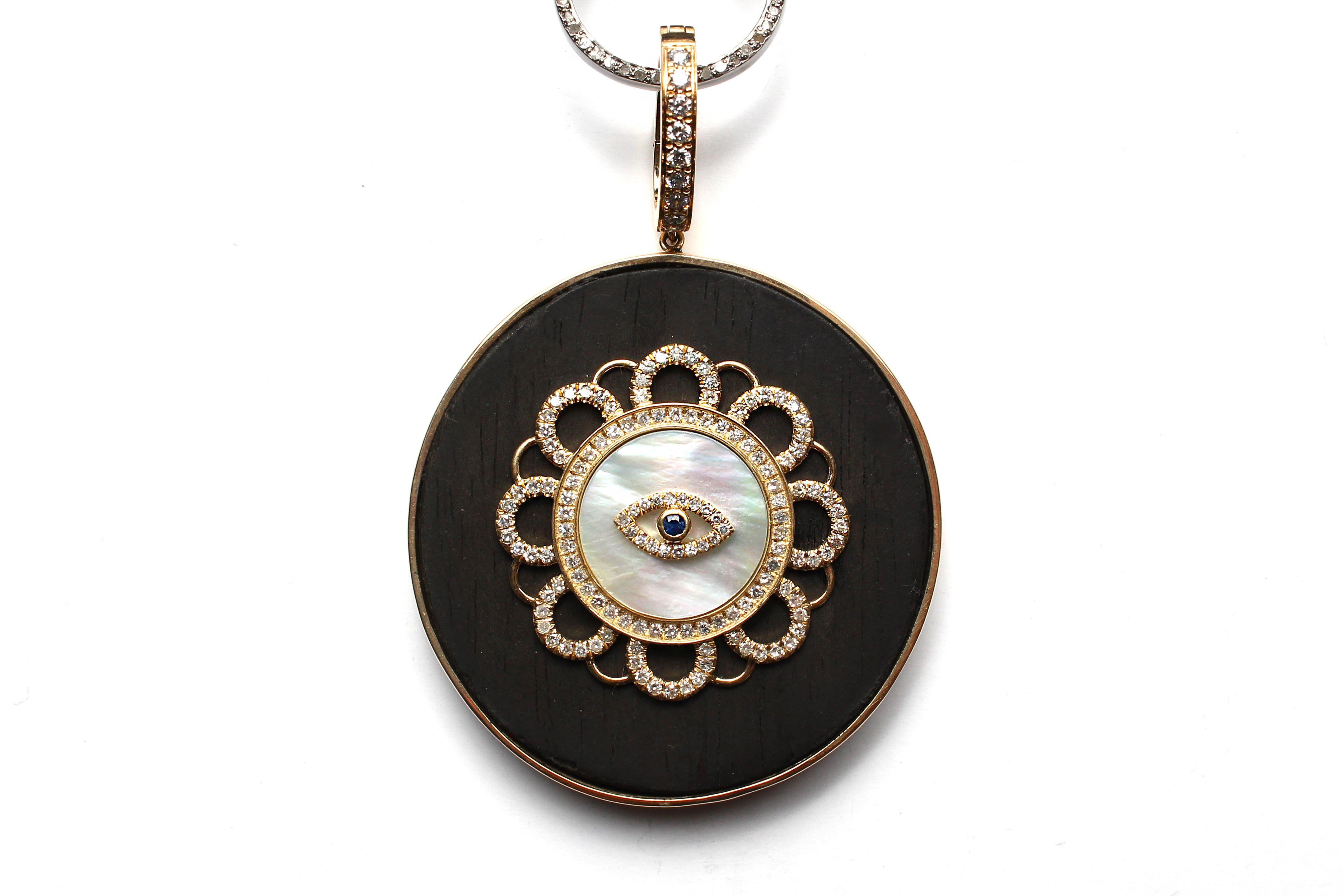 Clarissa Bronfman Signature Ebony 14k Gold Diamond Mother of Pearl Eye Pendant For Sale 3