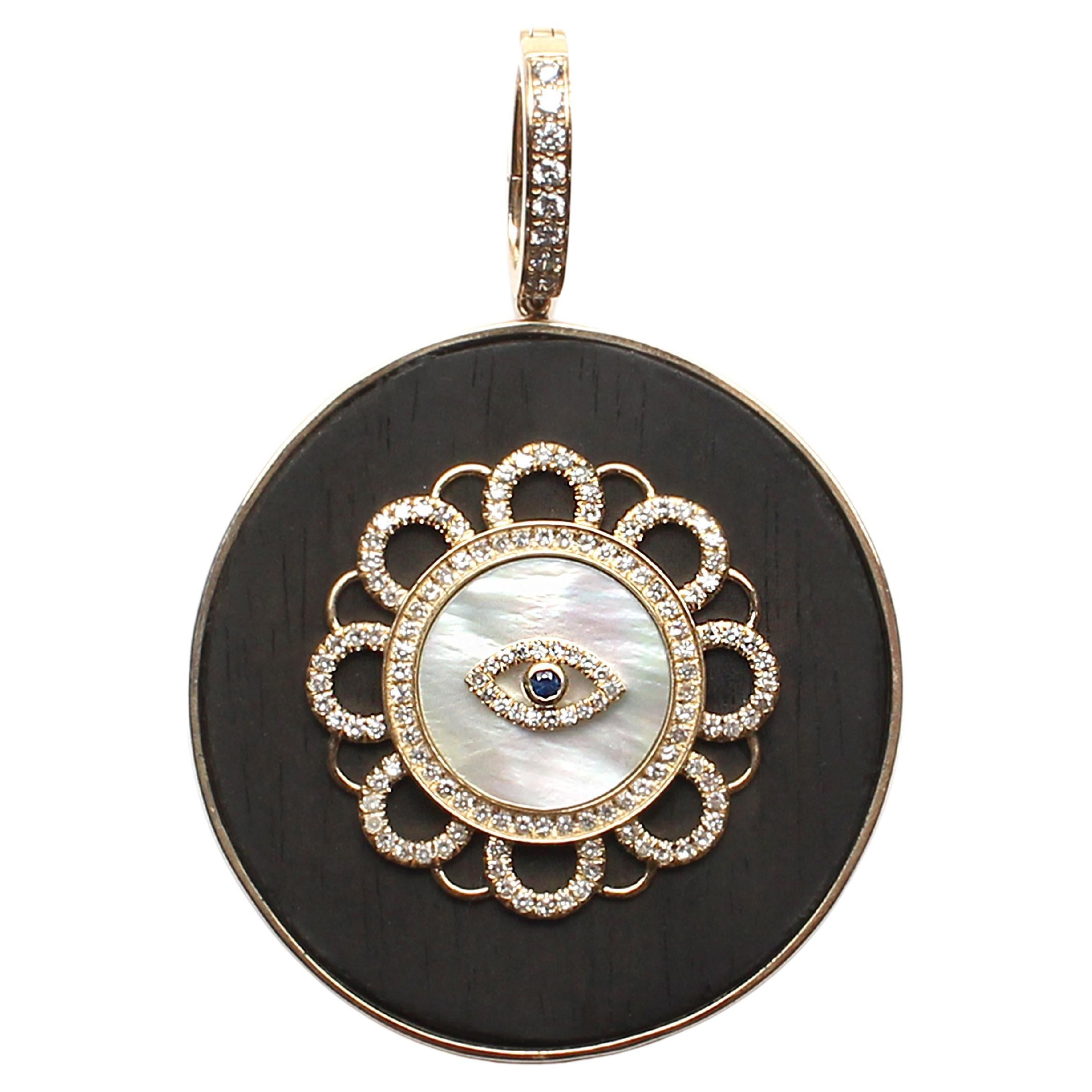 Clarissa Bronfman Signature Ebony 14k Gold Diamond Mother of Pearl Eye Pendant For Sale