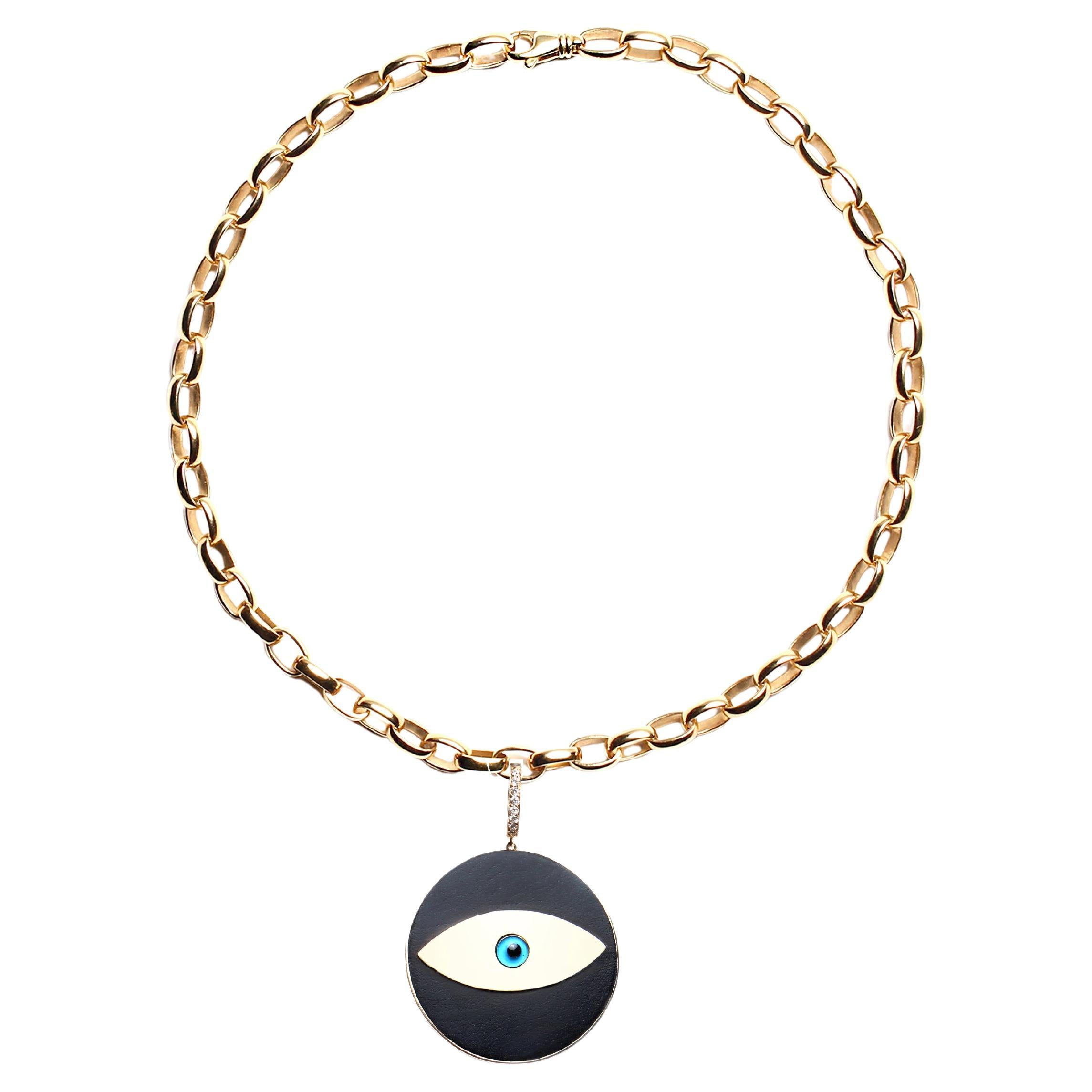 Clarissa Bronfman Signature Ebony Evil Eye Pendant 14k Solid Gold Chain Necklace For Sale