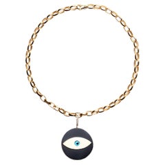 Used Clarissa Bronfman Signature Ebony Evil Eye Pendant 14k Solid Gold Chain Necklace