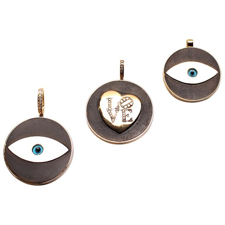 Clarissa Bronfman Signature Ebony Evil Eye Pendant on Gold Silk Cord In New Condition For Sale In New York, NY