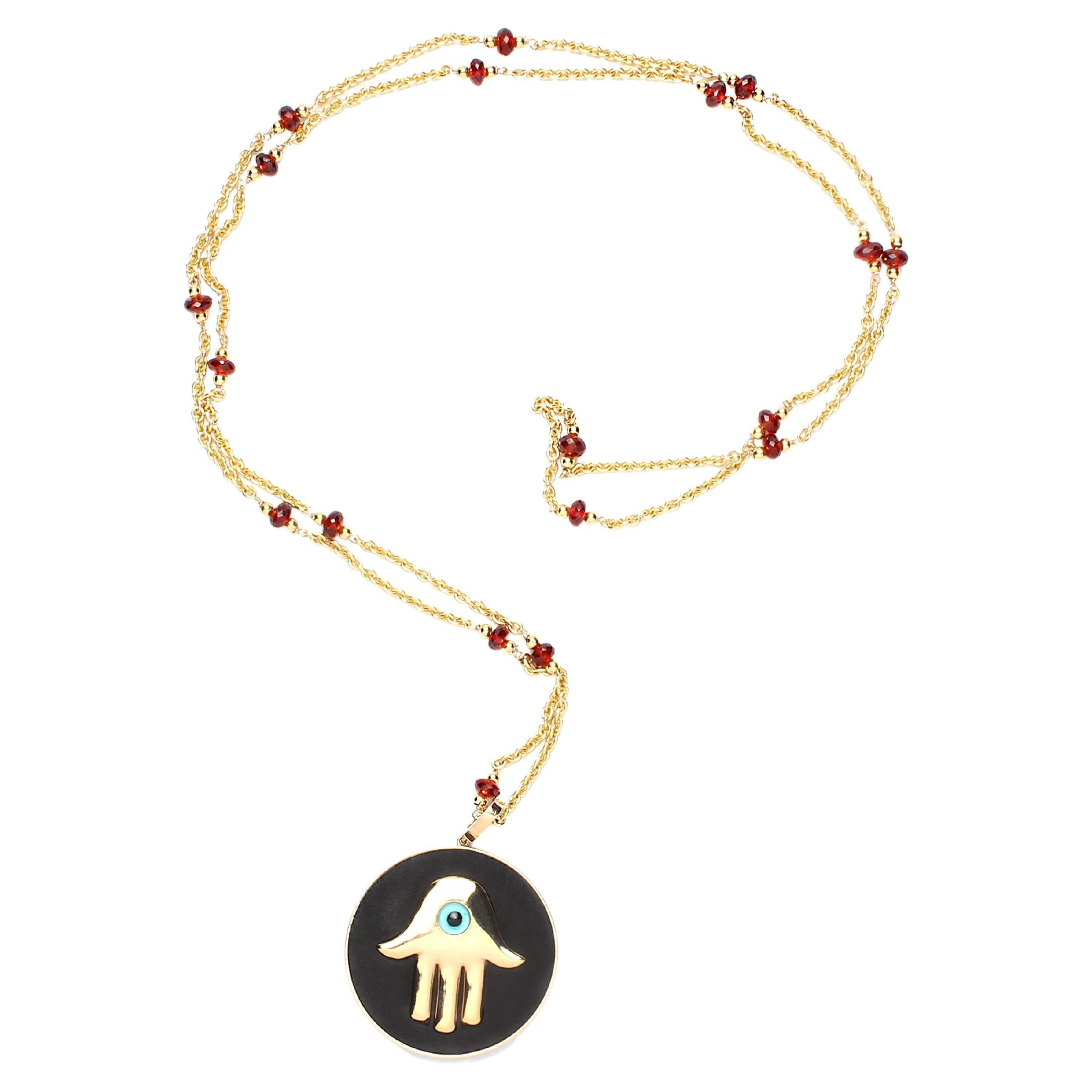 Clarissa Bronfman Signature Garnet 14kgold Caracas Necklace & Ebony Hamsa Pendat For Sale