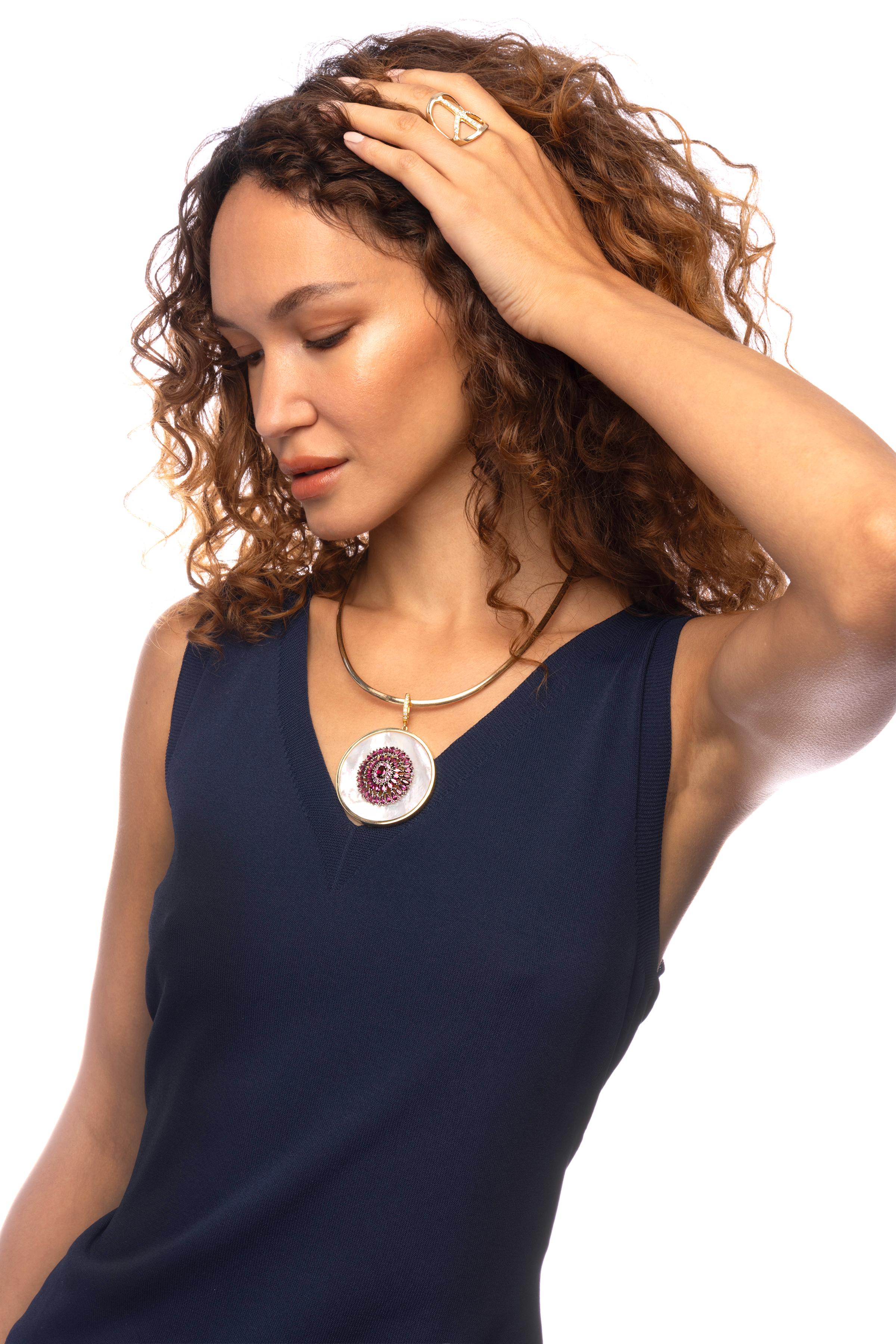 Mixed Cut CLARISSA BRONFMAN Signature Gold Garnet Diamond Mother Of Pearl Disc Pendant For Sale