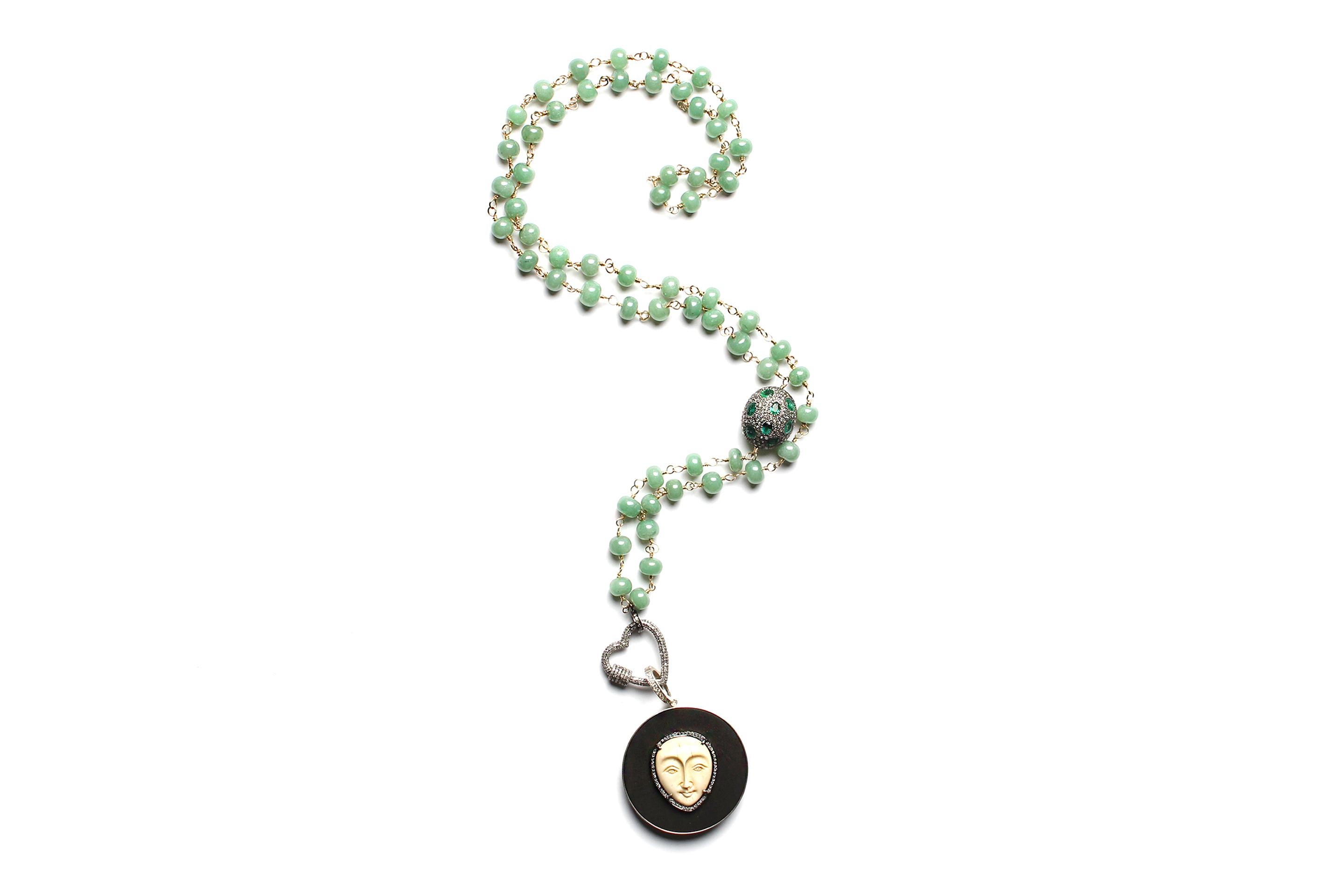 Clarissa Bronfman Signature Green Diamond Emerald Rosary & Moon Ebony Pendant In New Condition For Sale In New York, NY