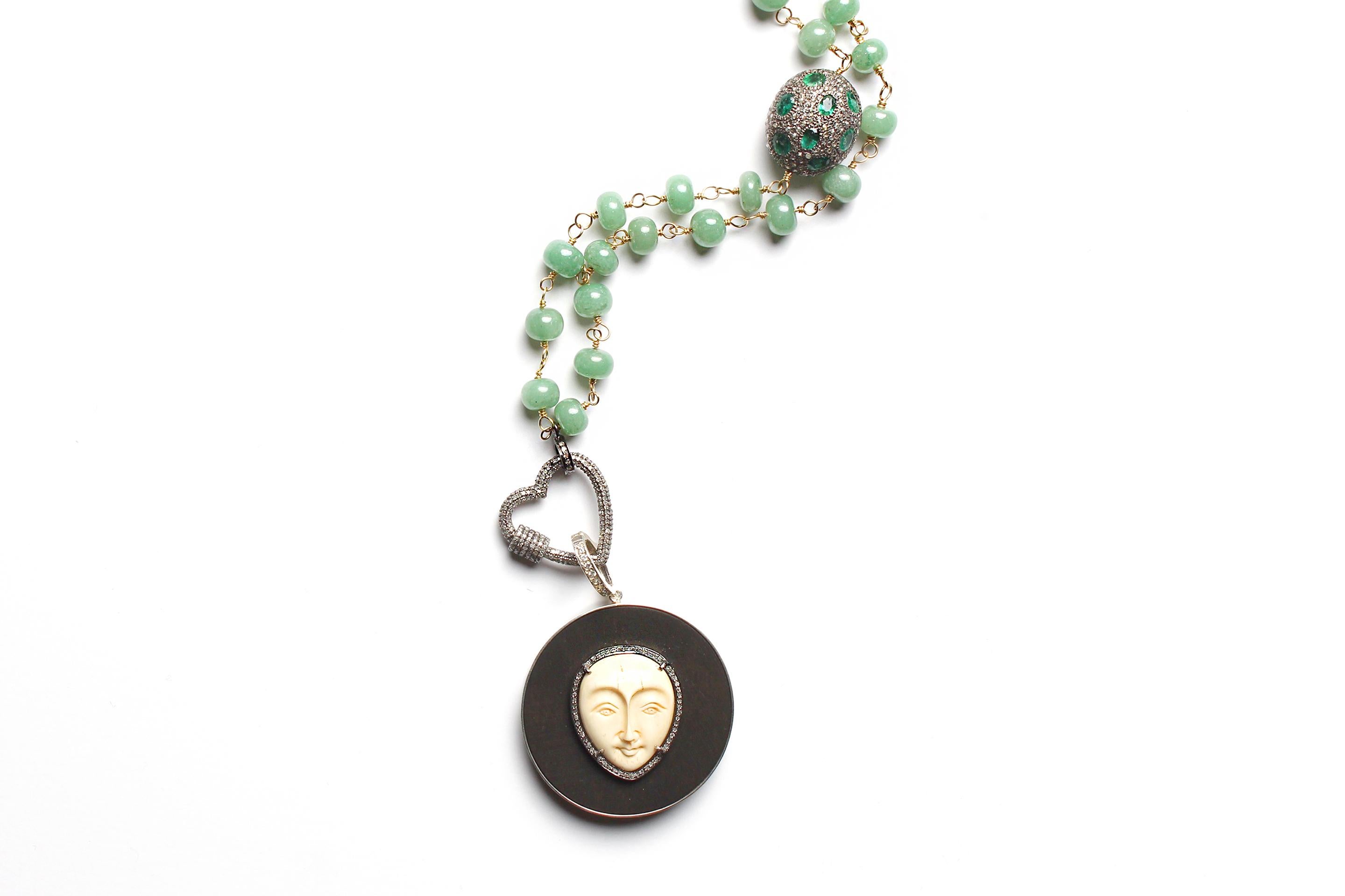 Clarissa Bronfman Signature Green Diamond Emerald Rosary & Moon Ebony Pendant For Sale 4