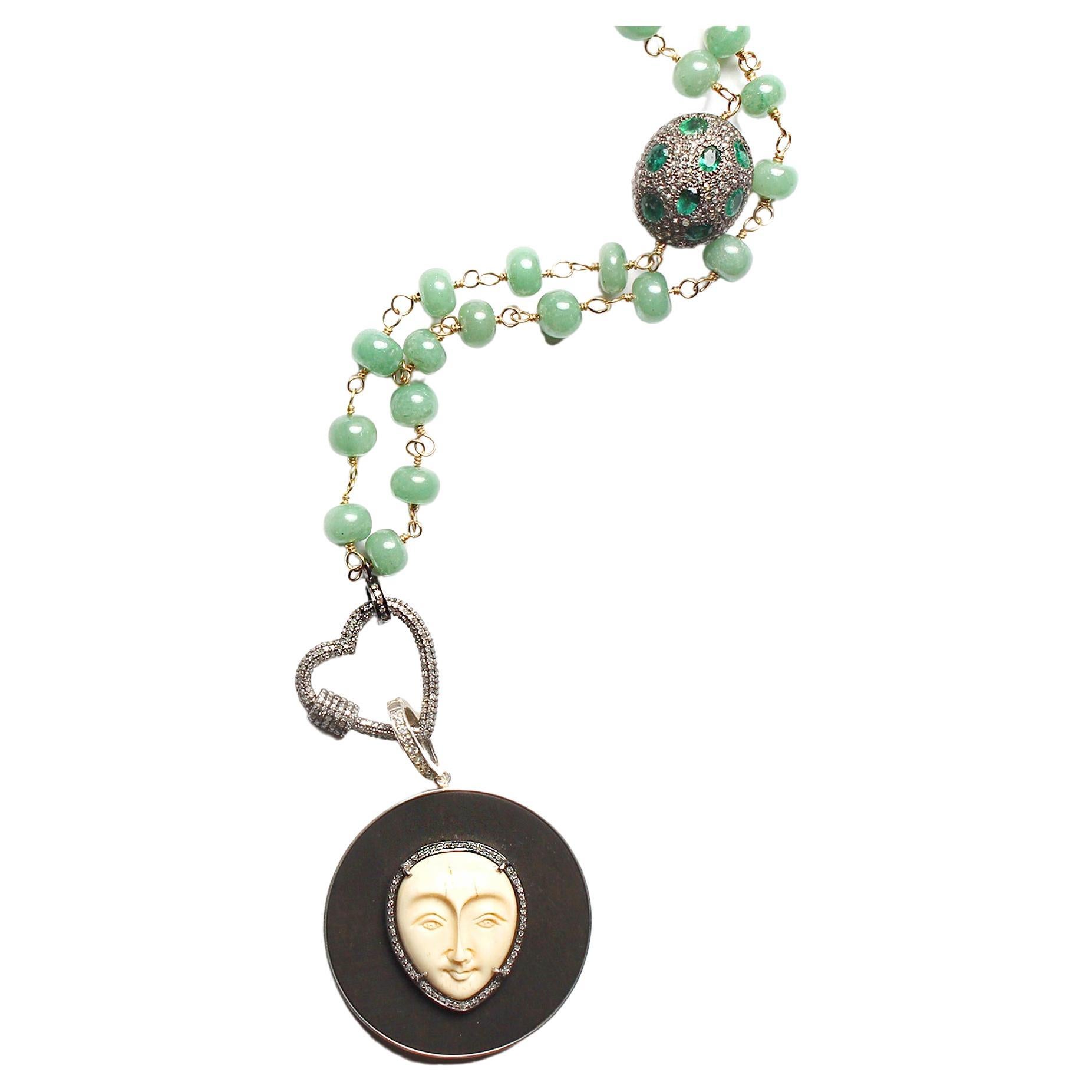 Clarissa Bronfman Signature Green Diamond Emerald Rosary & Moon Ebony Pendant