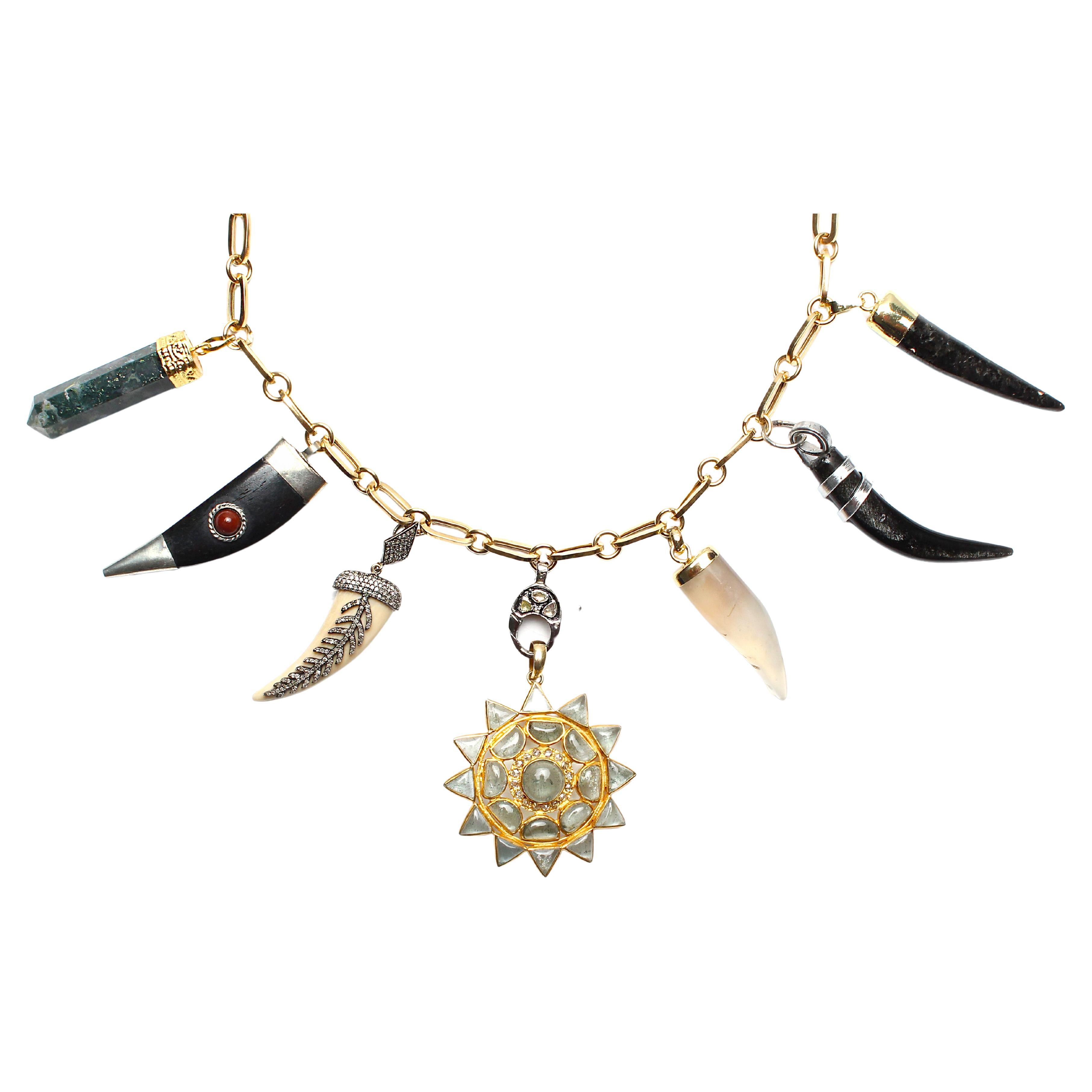 Clarissa Bronfman Signature Horn Charm Paper Clip Gold Necklace & Aquamarine