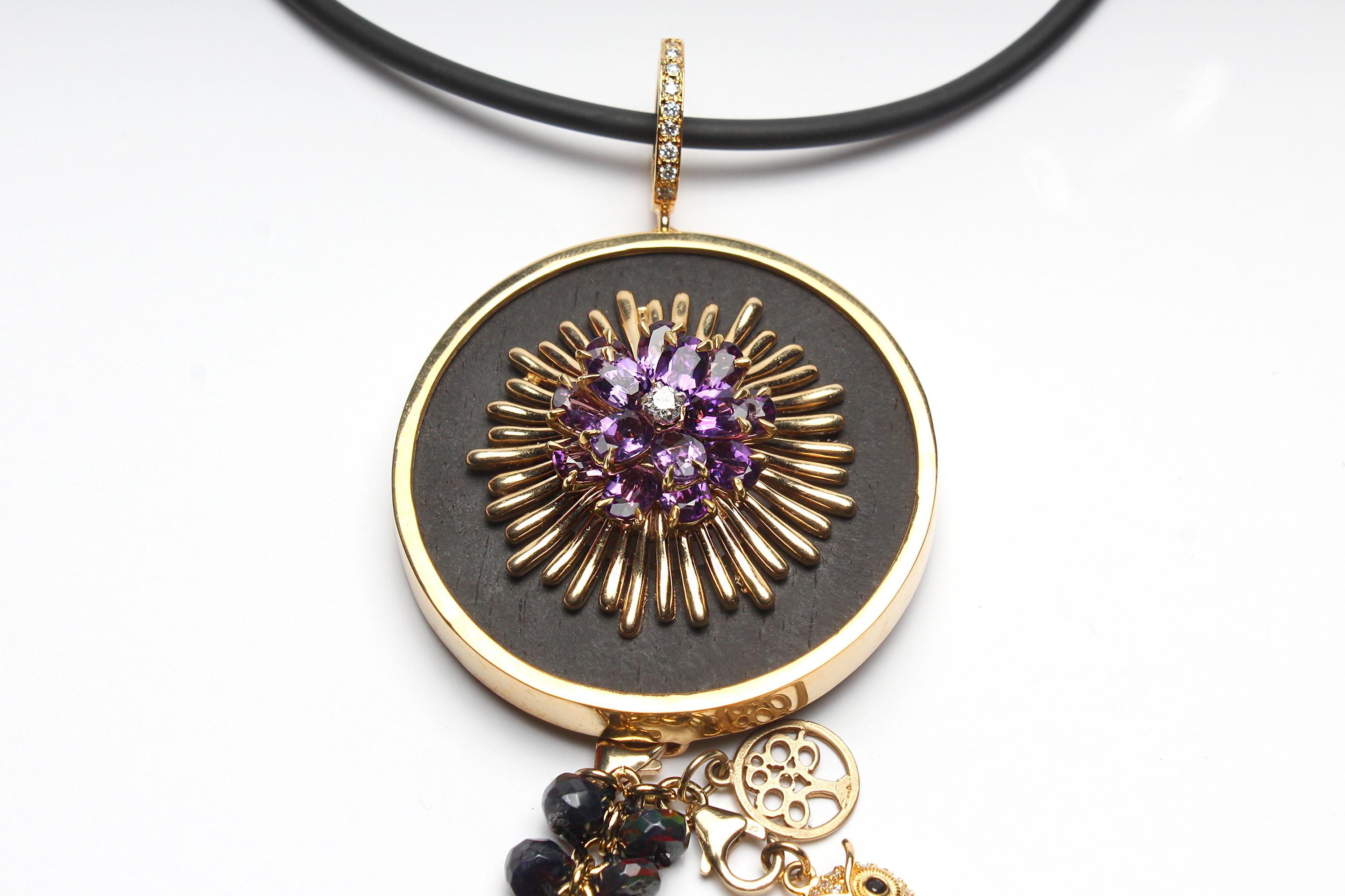 CLARISSA BRONFMAN Signature Large Ebony Gold Amethyst Diamond Sun Rays Pendant  In New Condition For Sale In New York, NY