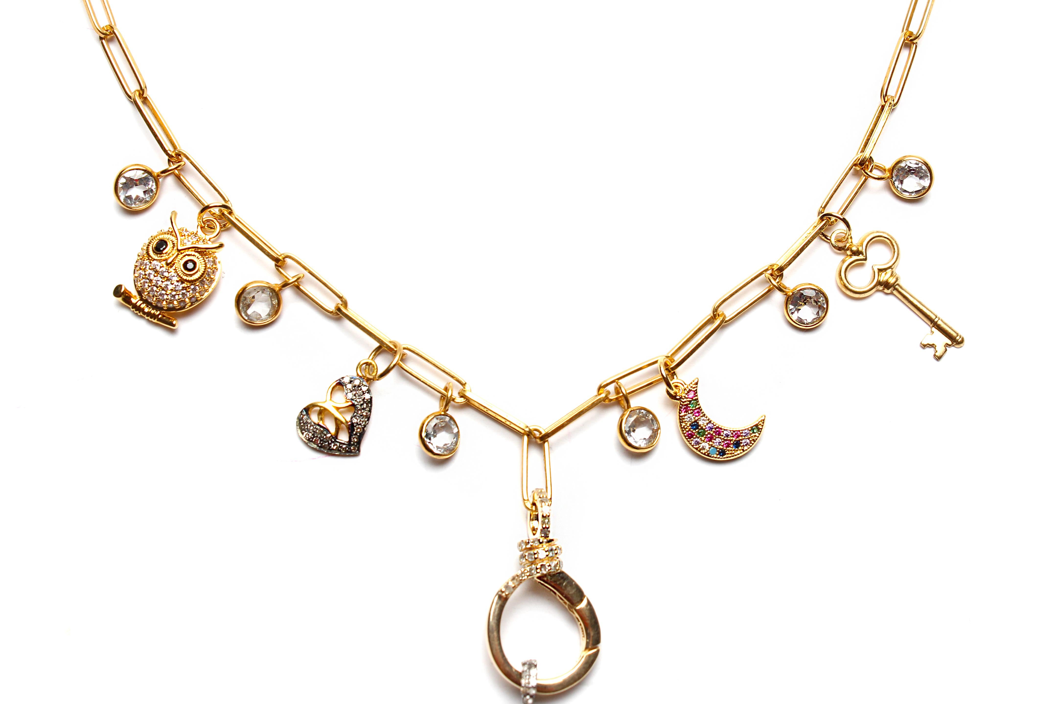Clarissa Bronfman Signature Multi Charm Gold Ppr Clip Necklace & Tanzanite Charm For Sale 4