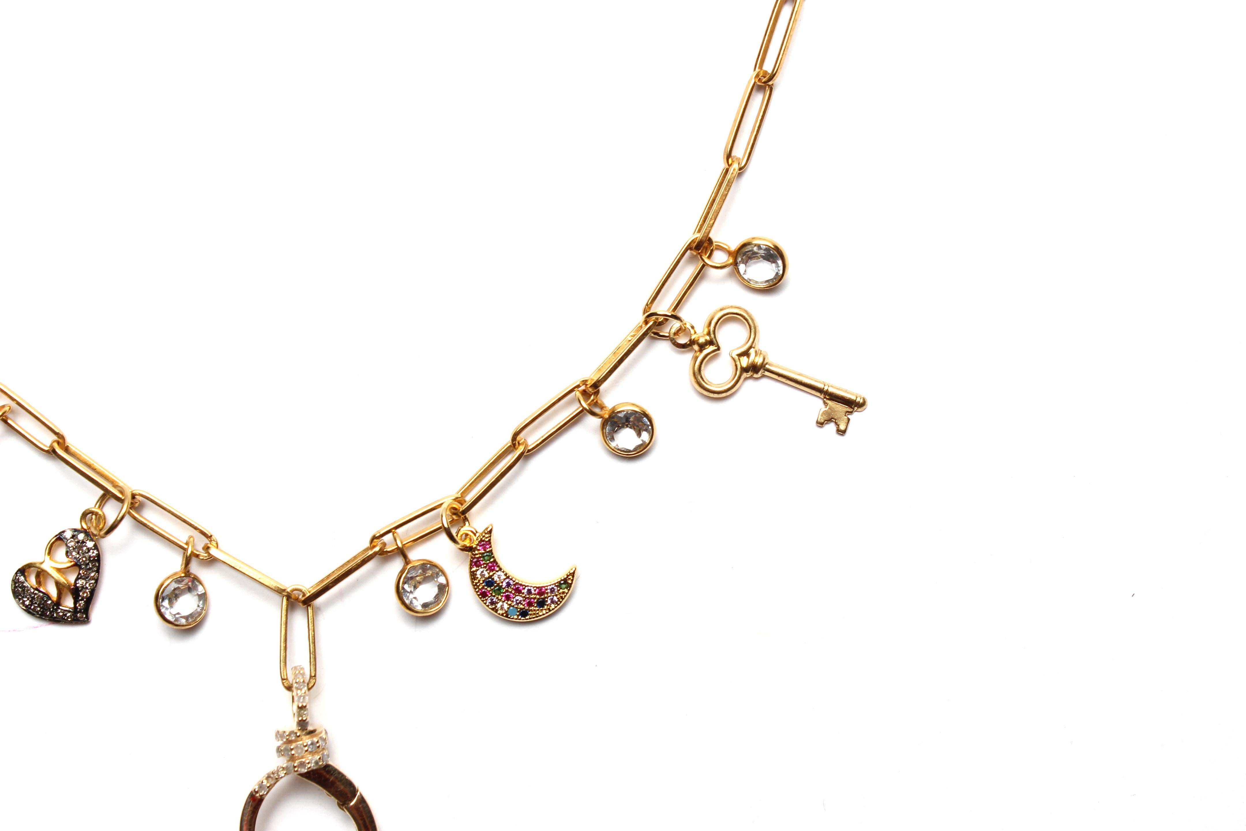 Clarissa Bronfman Signature Multi Charm Gold Ppr Clip Necklace & Tanzanite Charm For Sale 2
