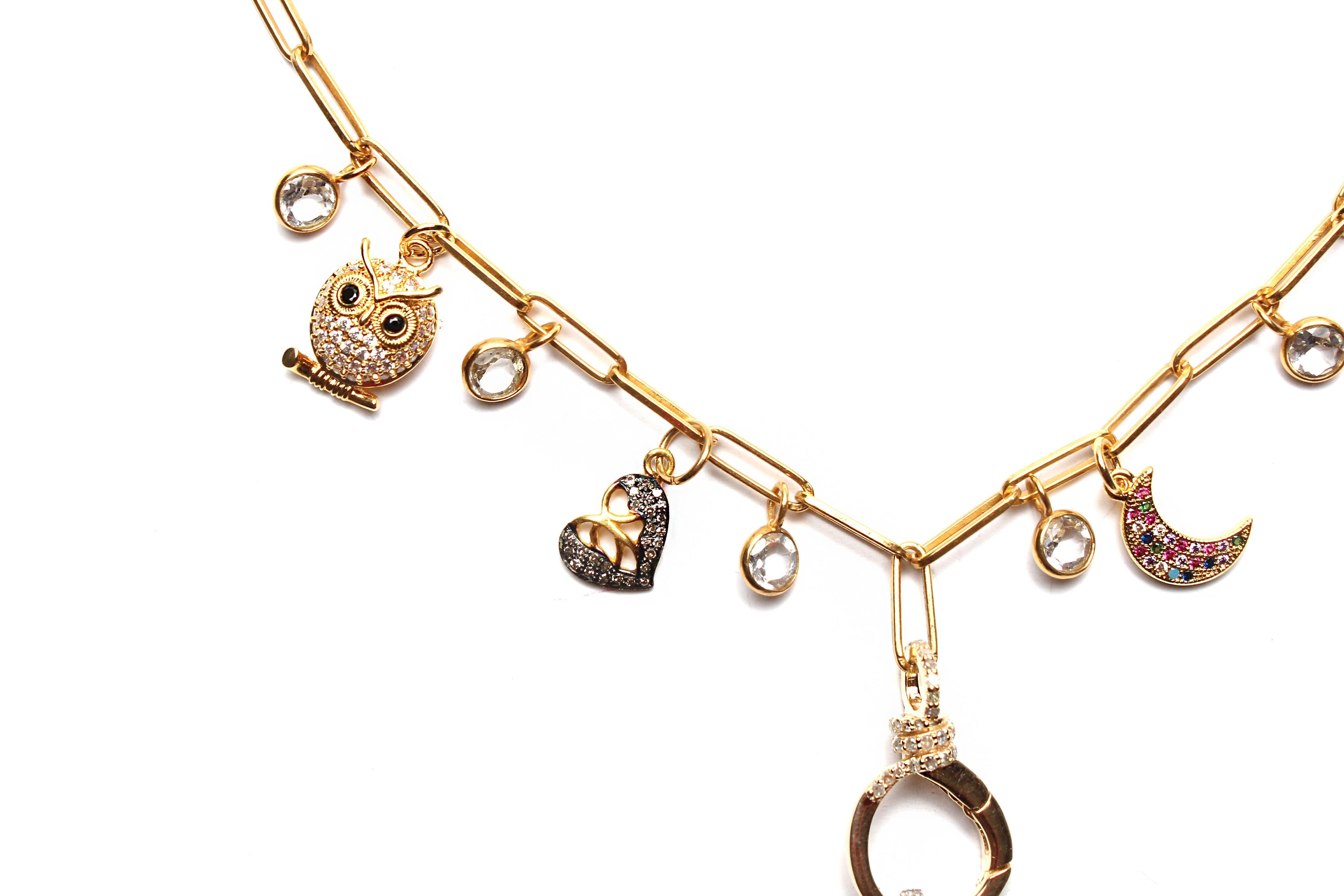 Women's or Men's Clarissa Bronfman Signature Multi Charm Gold Ppr Clip Necklace & Yellow Topaz