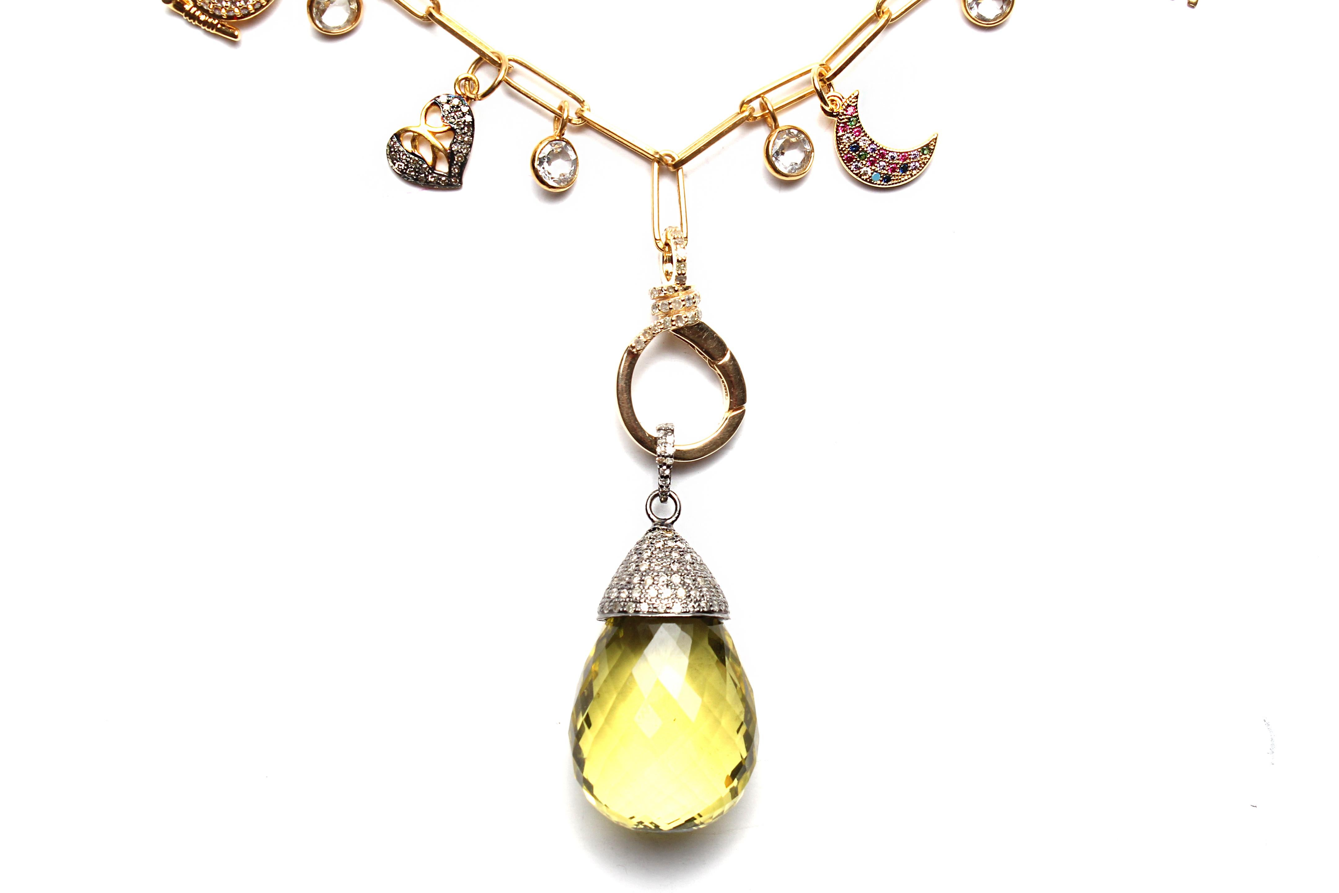 Clarissa Bronfman Signature Multi Charm Gold Ppr Clip Necklace & Yellow Topaz 2