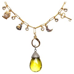 Clarissa Bronfman Signature Multi Charm Gold Ppr Clip Necklace & Yellow Topaz