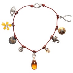 Clarissa Bronfman Signature Multi Charm Leather Necklace Citrine Pendant