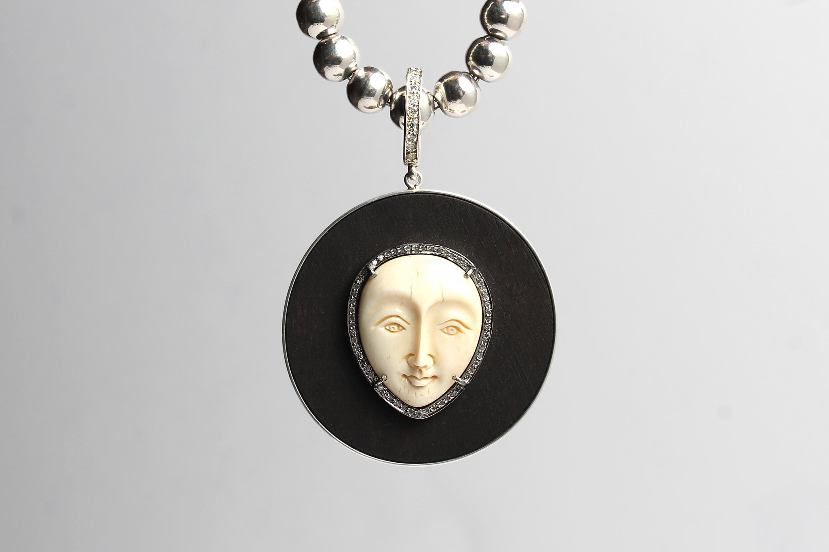 Mixed Cut Clarissa Bronfman Signature Silver Bone Diamond Ebony Moon Face Pendant  For Sale