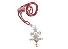 Clarissa Bronfman Silver Ethiopian Cross, Garnet and Diamond Beaded Necklace