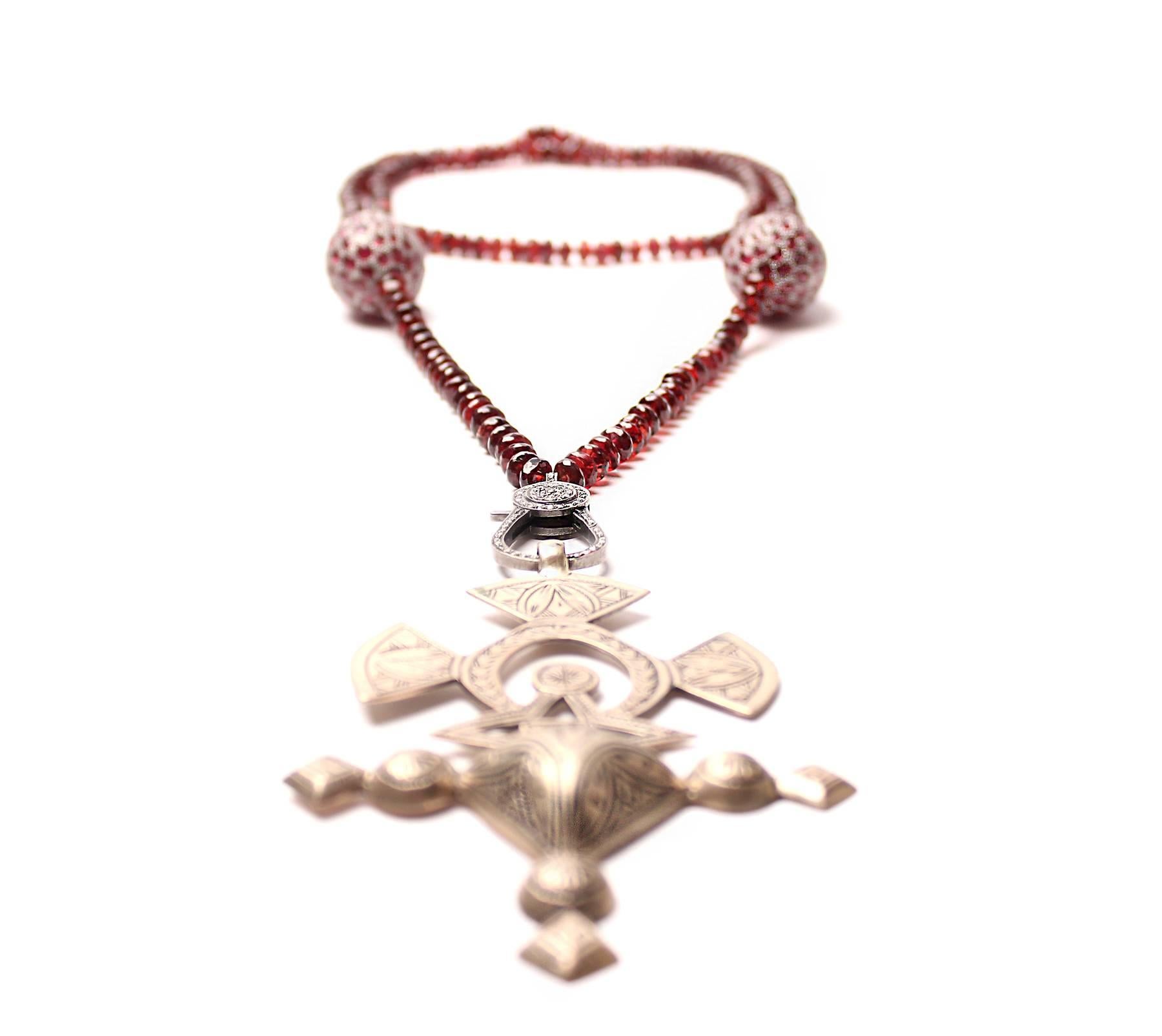 Contemporary Clarissa Bronfman Silver Ethiopian Cross, Garnet and Diamond Beaded Necklace