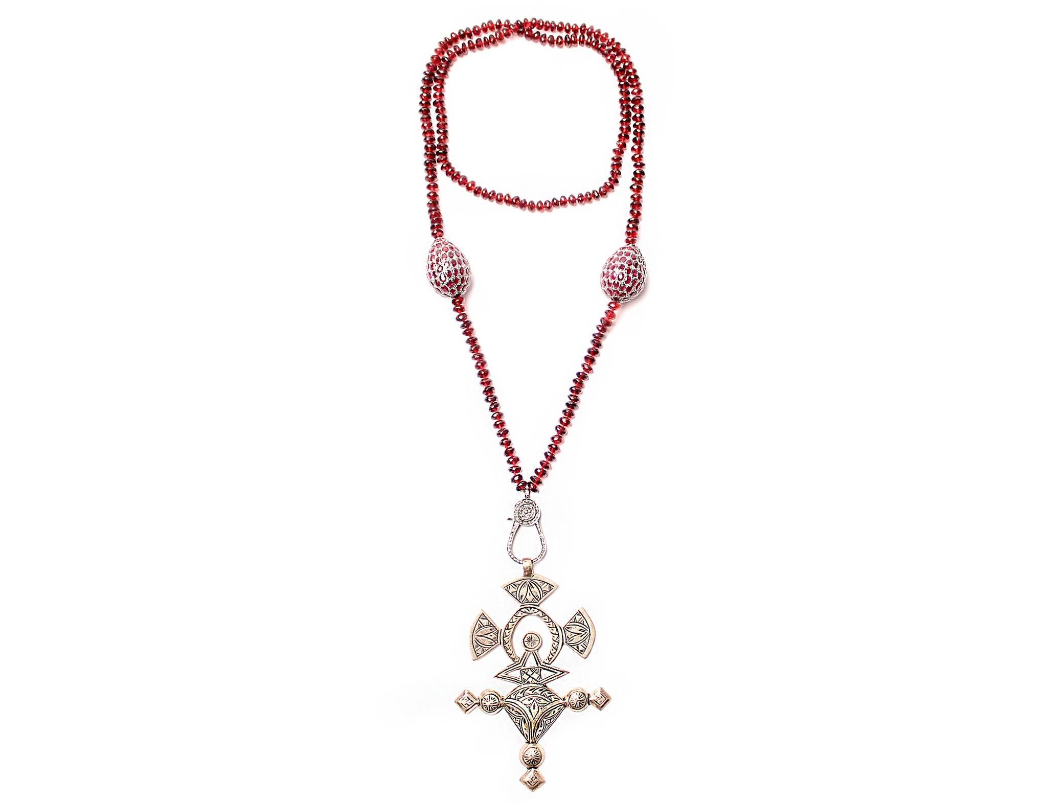 Women's or Men's Clarissa Bronfman Silver Ethiopian Cross, Garnet and Diamond Beaded Necklace