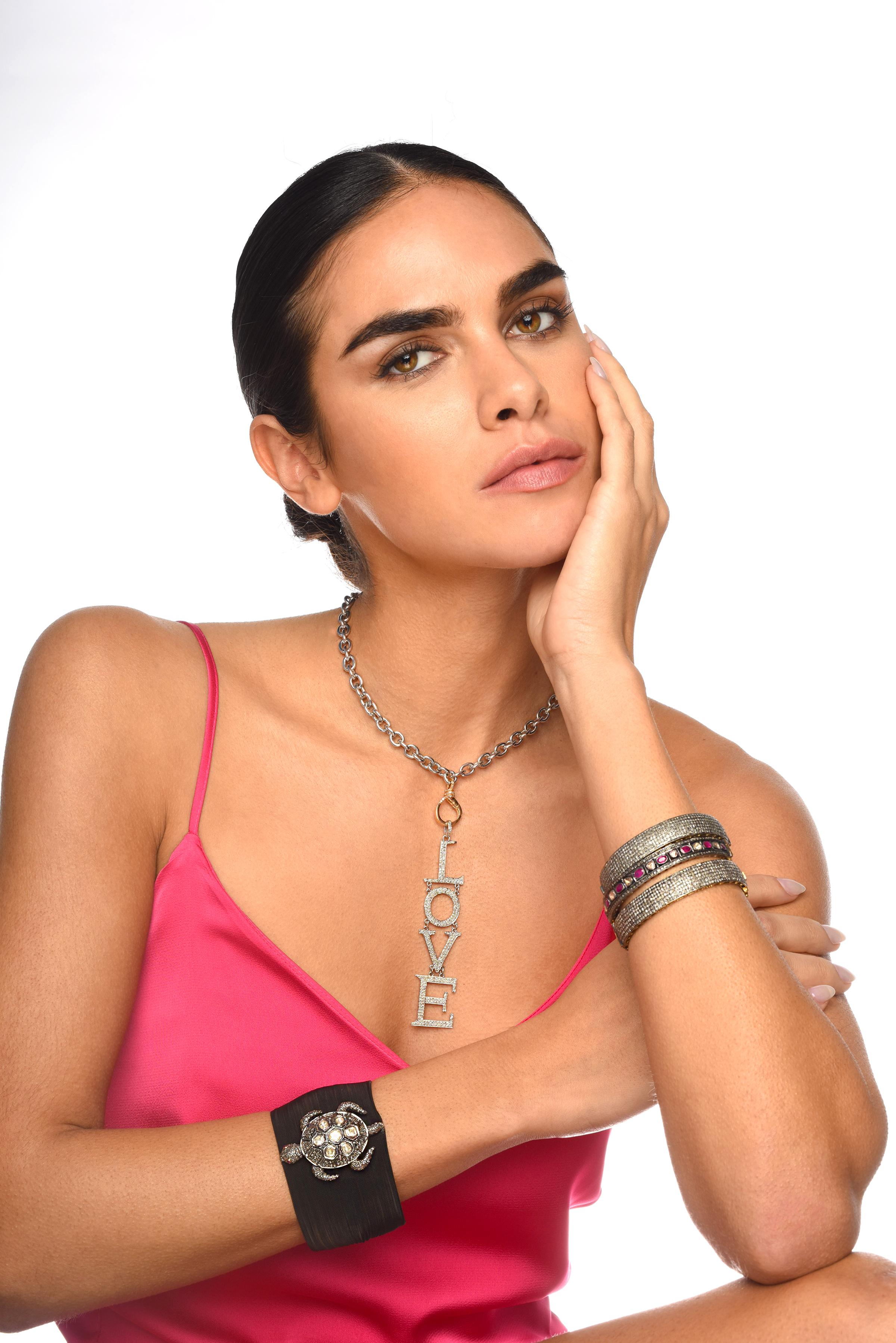 Contemporary CLARISSA BRONFMAN Sterling Silver 14kgold Diamond LOVE Vertical Pendant Necklace For Sale