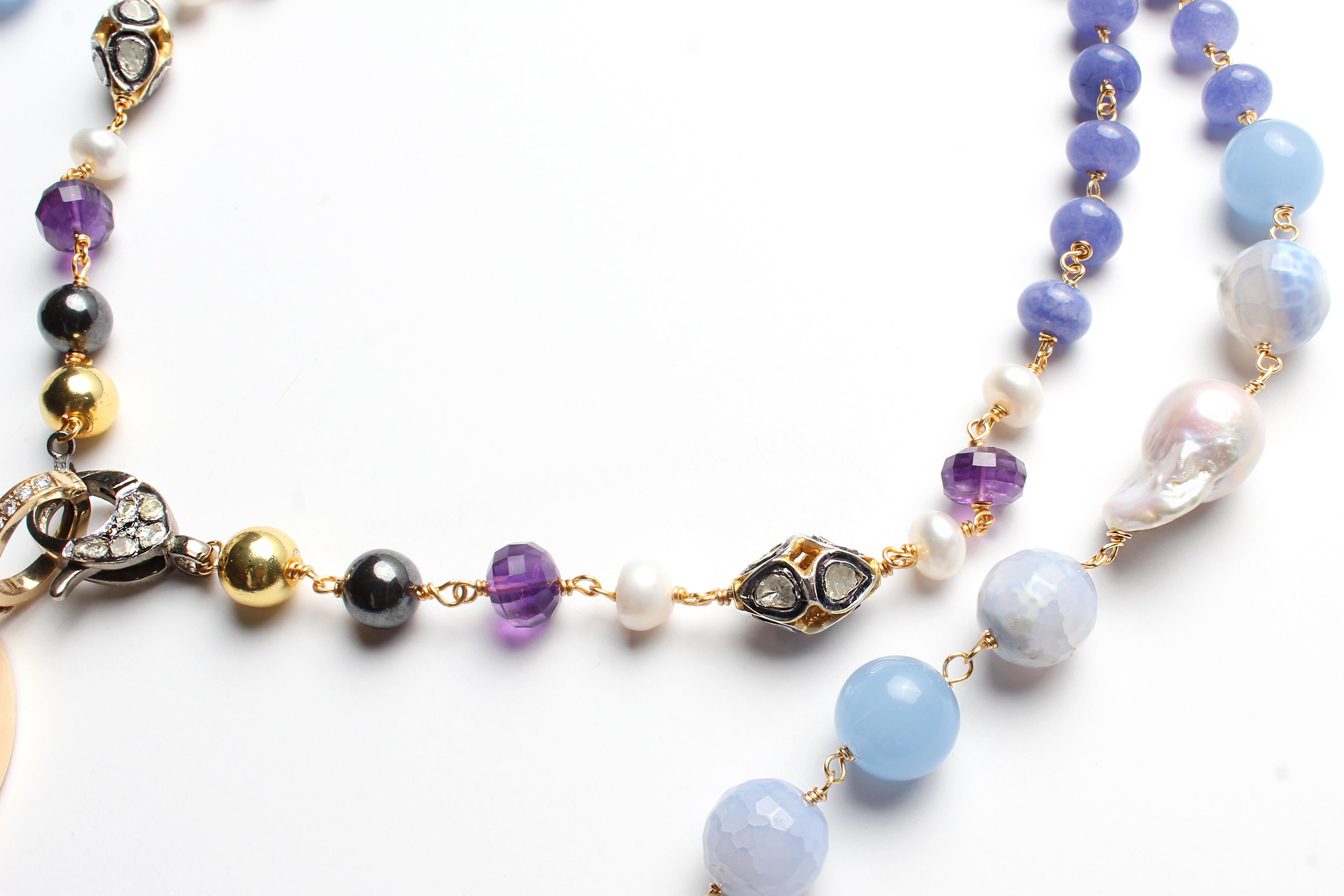 CLARISSA BRONFMAN Collana Carmen con perle e diamanti in tanzanite e ciondoli in ebano in vendita 2