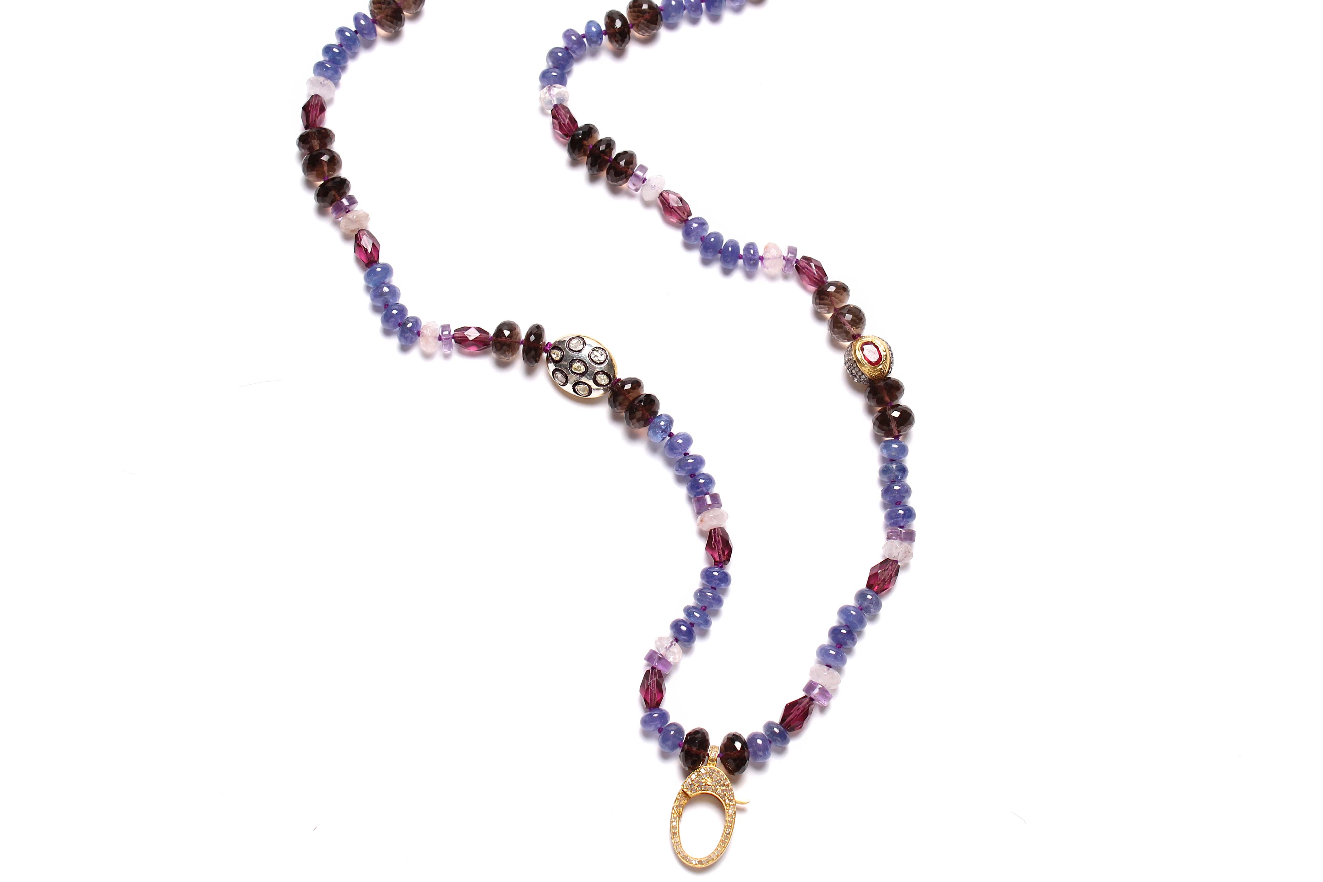 Women's or Men's Clarissa Bronfman Tanzanite Polki Diamond Ruby Beaded Necklace & Elephant Pendan For Sale