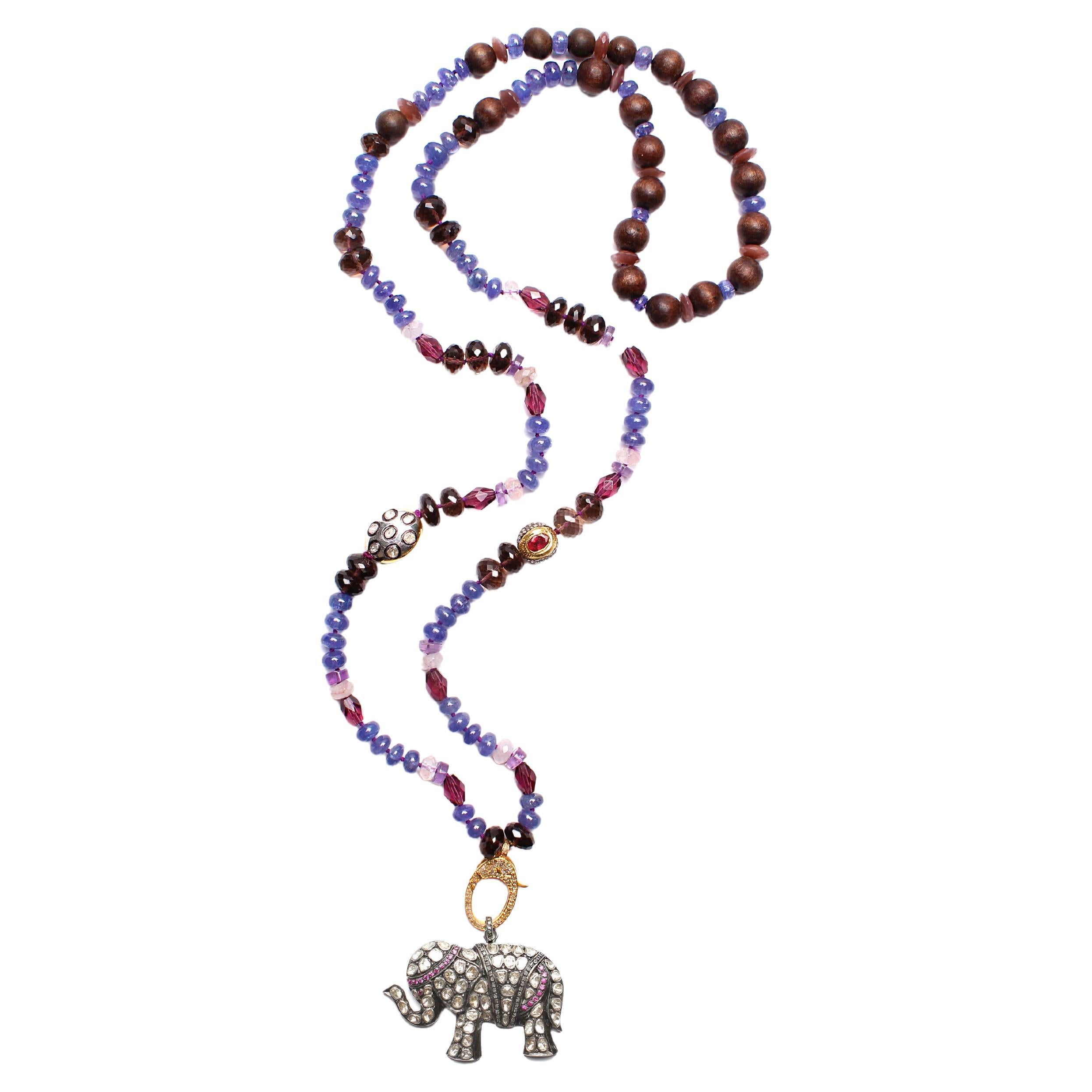 Clarissa Bronfman Tanzanite Polki Diamond Ruby Beaded Necklace & Elephant Pendan For Sale