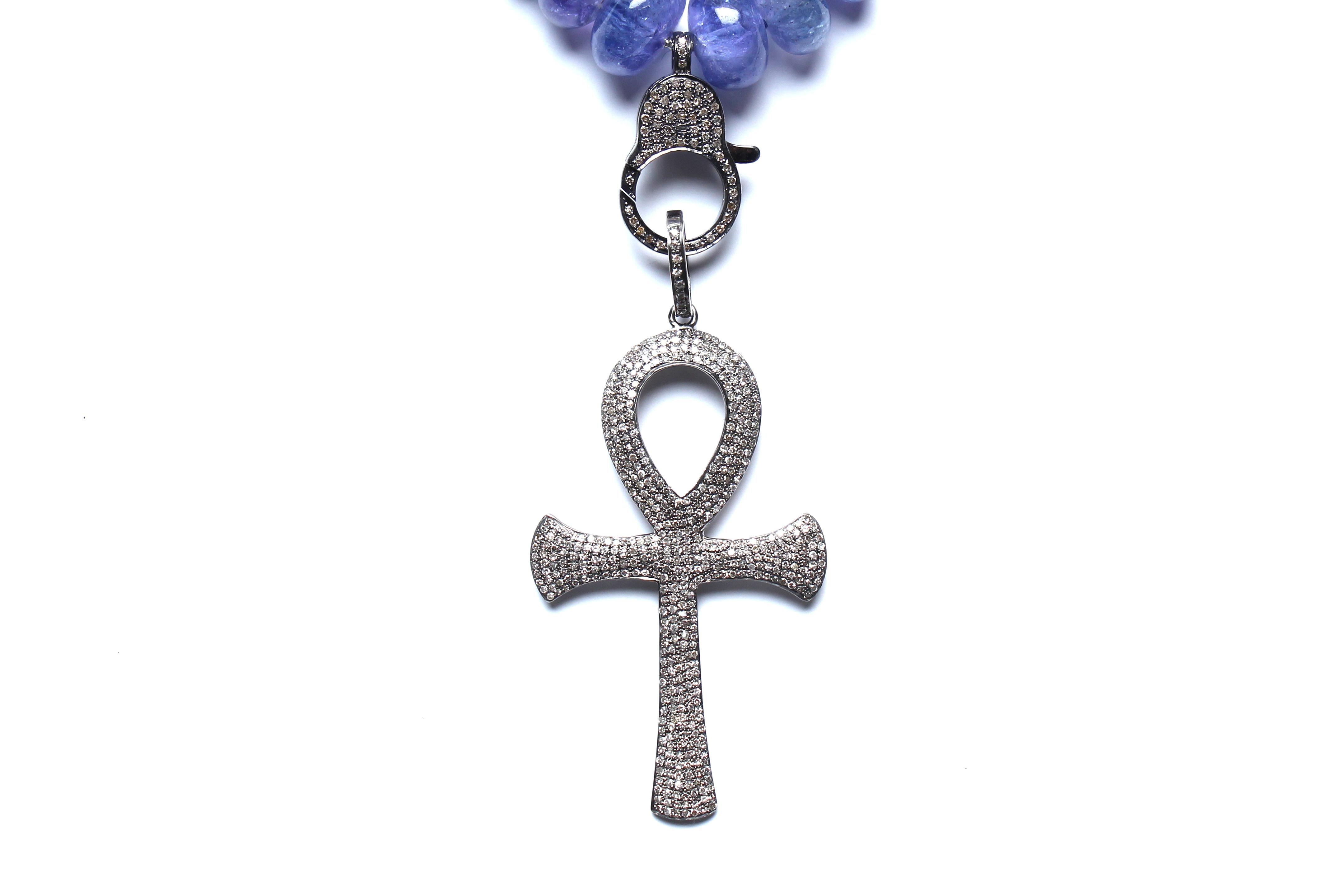 Clarissa Bronfman Tanzanite Sapphire Diamond Ankh Beaded Necklace In New Condition In New York, NY