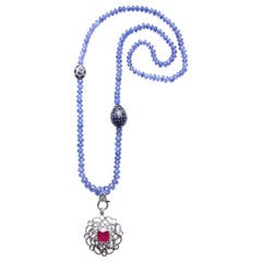 Clarissa Bronfman Tanzanite, Sapphire, Diamond Ruby Beaded Pendant Necklace