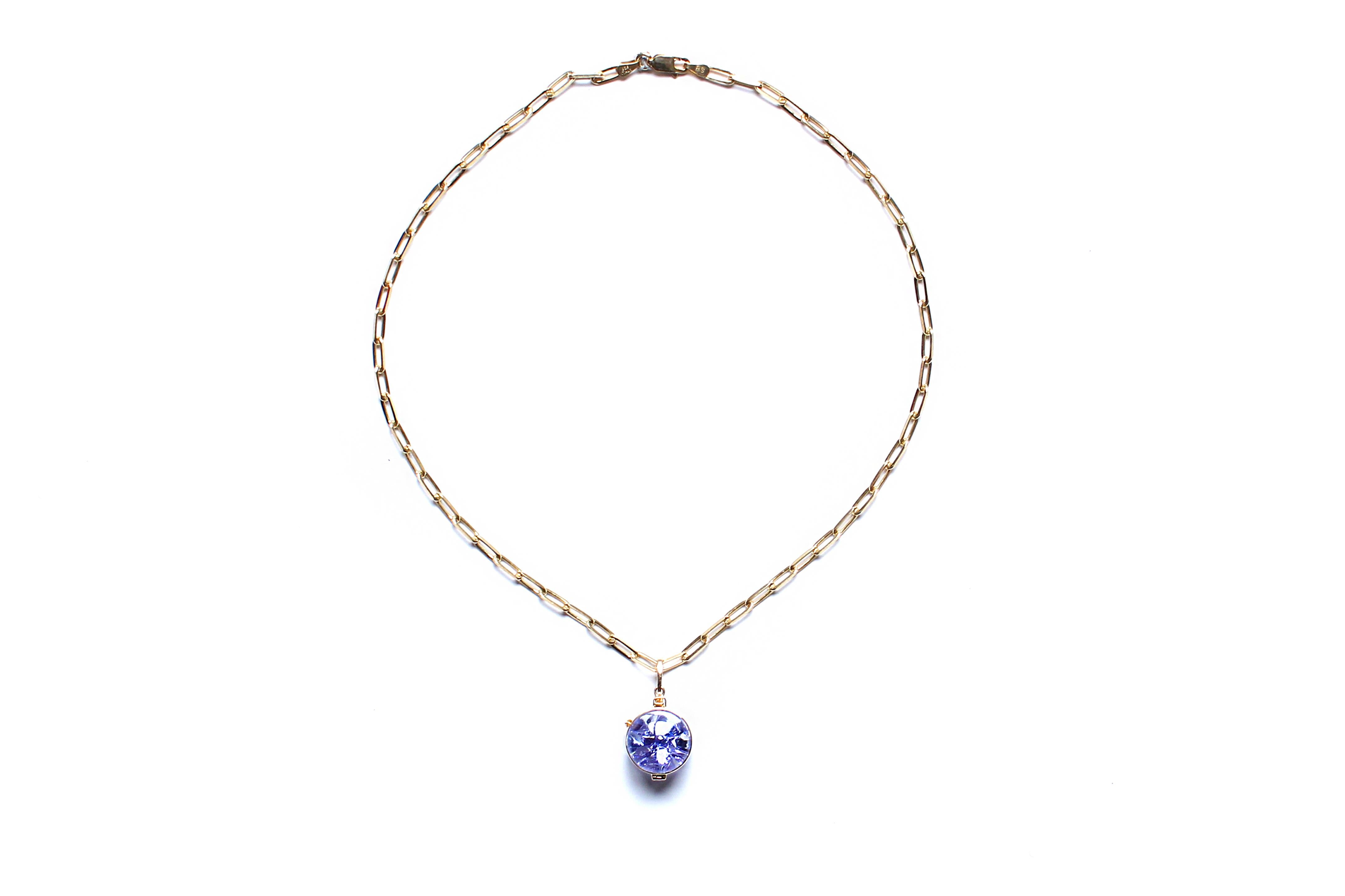 Contemporary Clarissa Bronfman Tanzanite Shaker Pendant 14k Gold PaperclipLink Chain Necklace For Sale