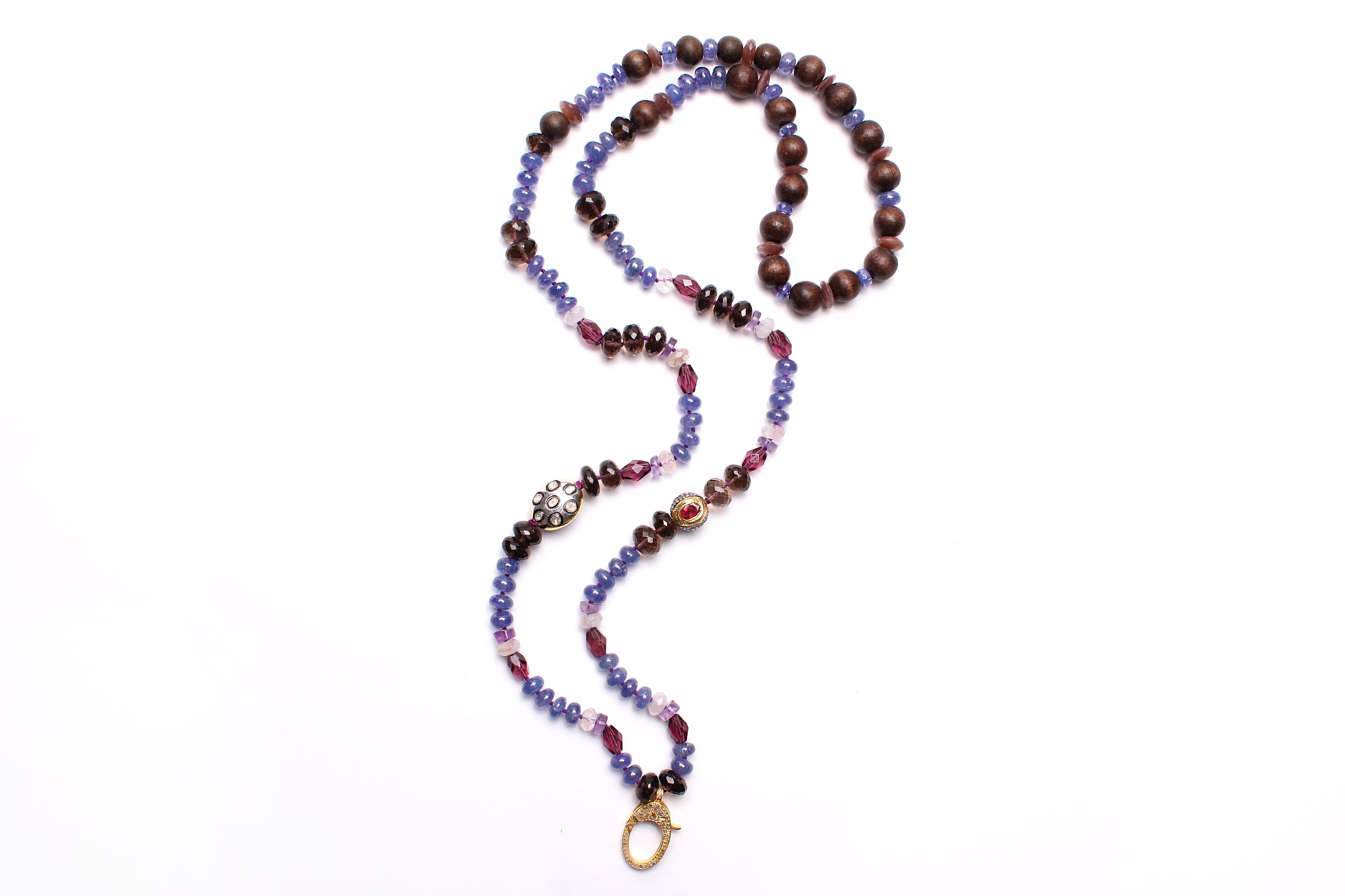 Women's or Men's CLARISSA BRONFMAN Tazanite Diamond Sapphire Ruby Wood Feather Beaded Necklace  For Sale