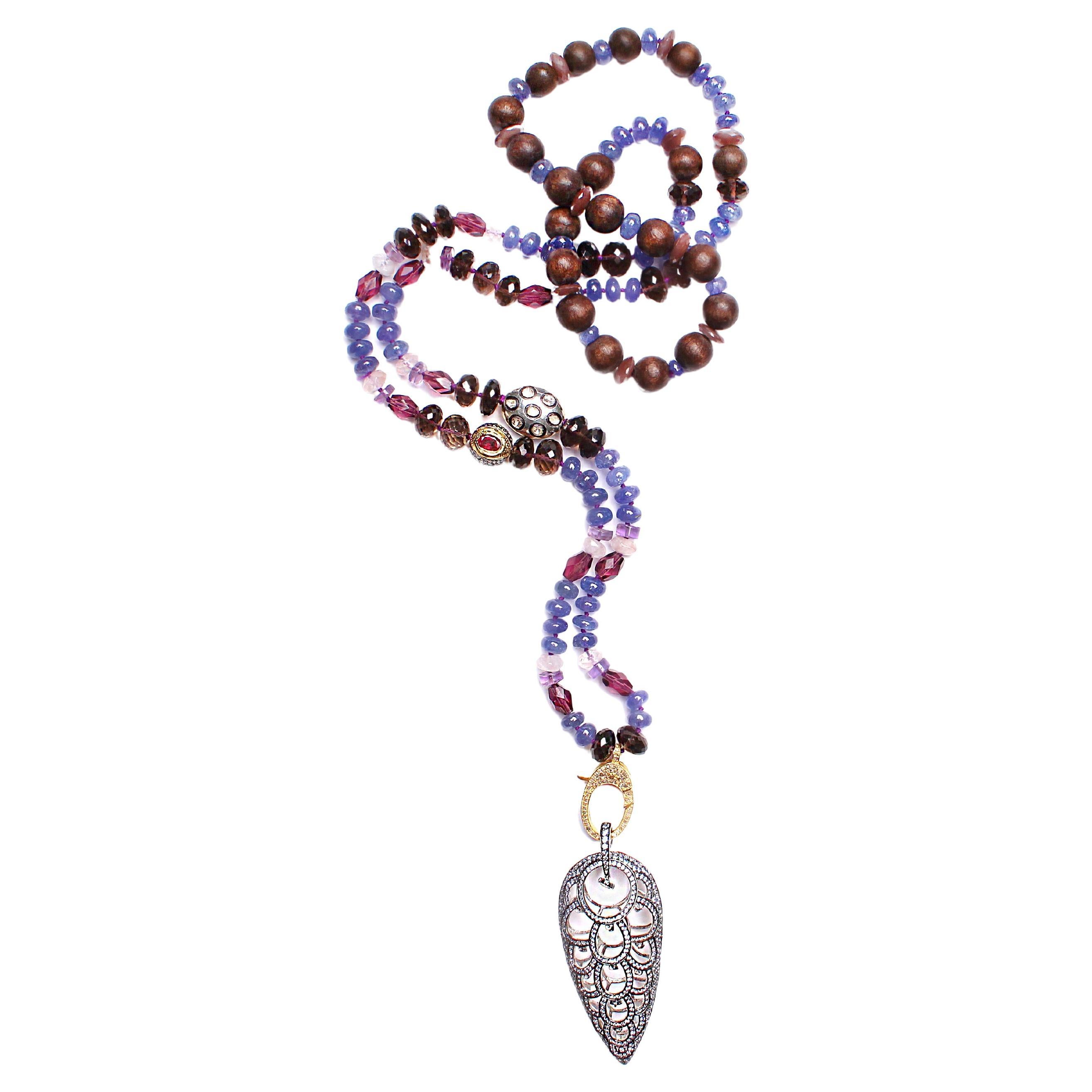 CLARISSA BRONFMAN Tazanite Diamond Sapphire Ruby Wood Feather Beaded Necklace  For Sale