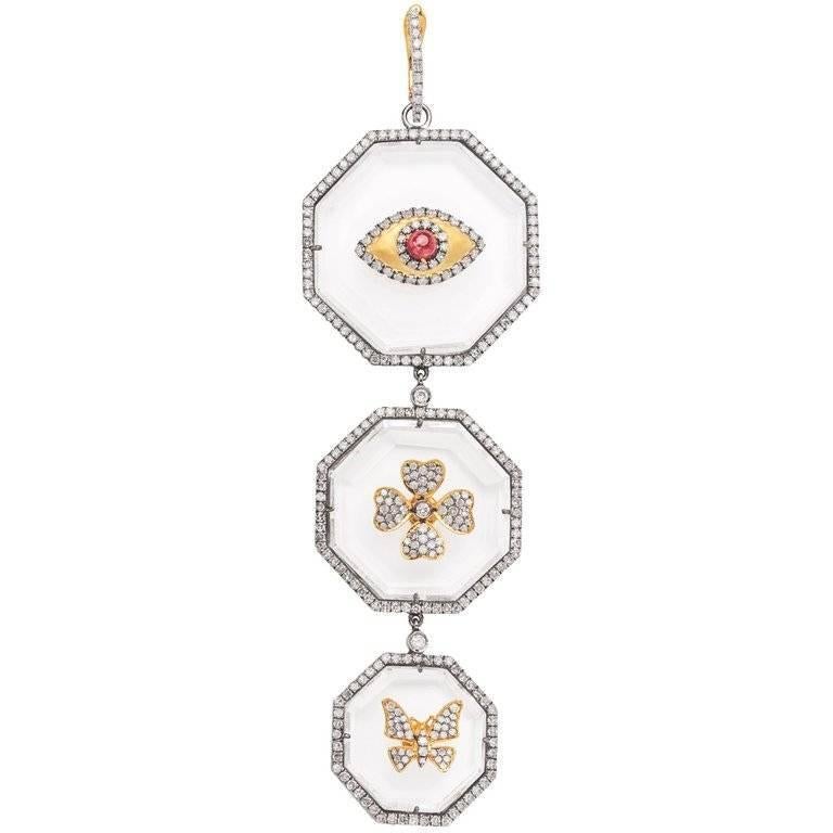 Clarissa Bronfman Three-Tier Crystal 14kGold Diamond Sapphire Symbol DropPendant In New Condition For Sale In New York, NY