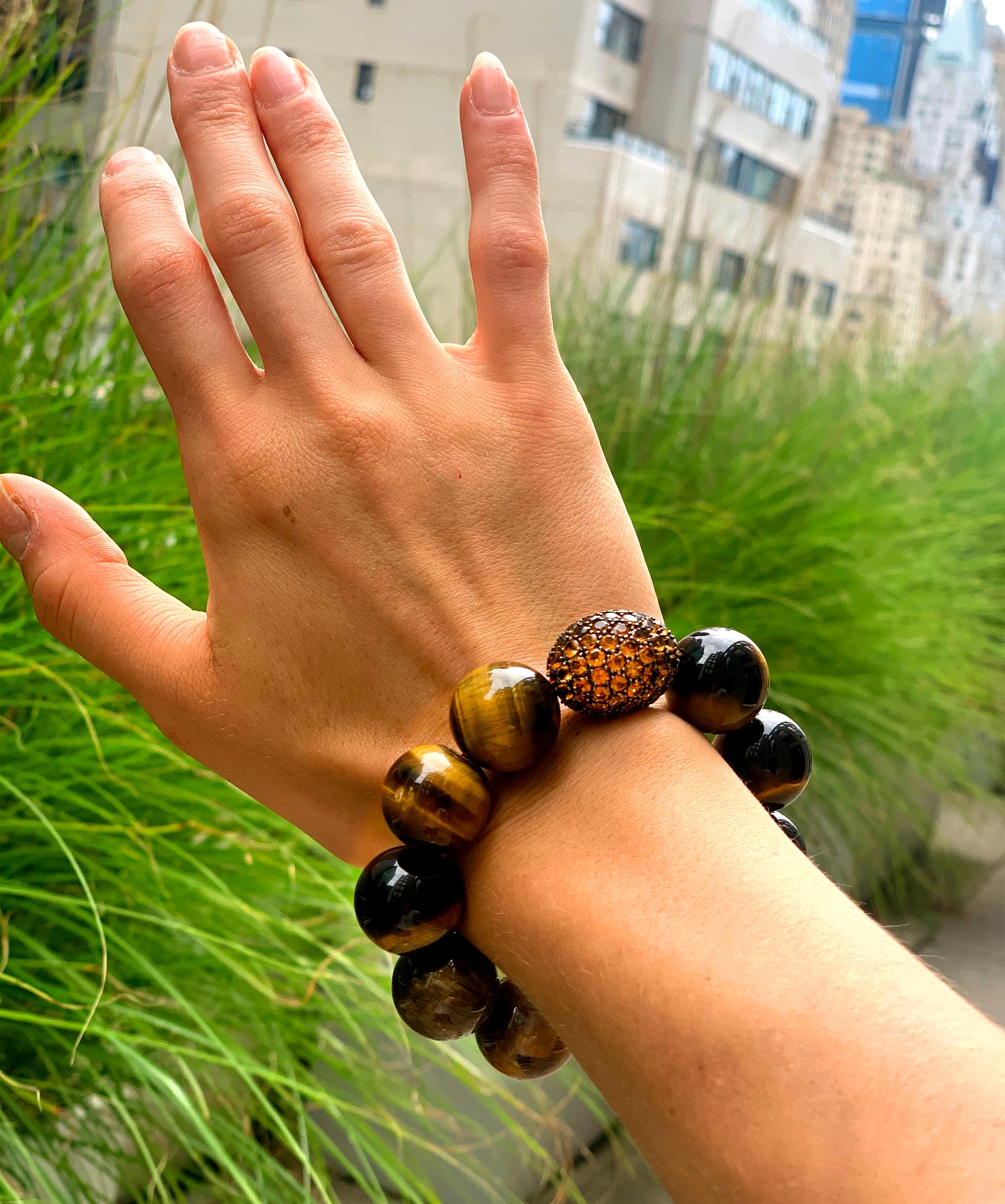 Clarissa Bronfman Tiger Eye Bead, Rare Yellow Sapphire Beaded Bracelet In New Condition In New York, NY