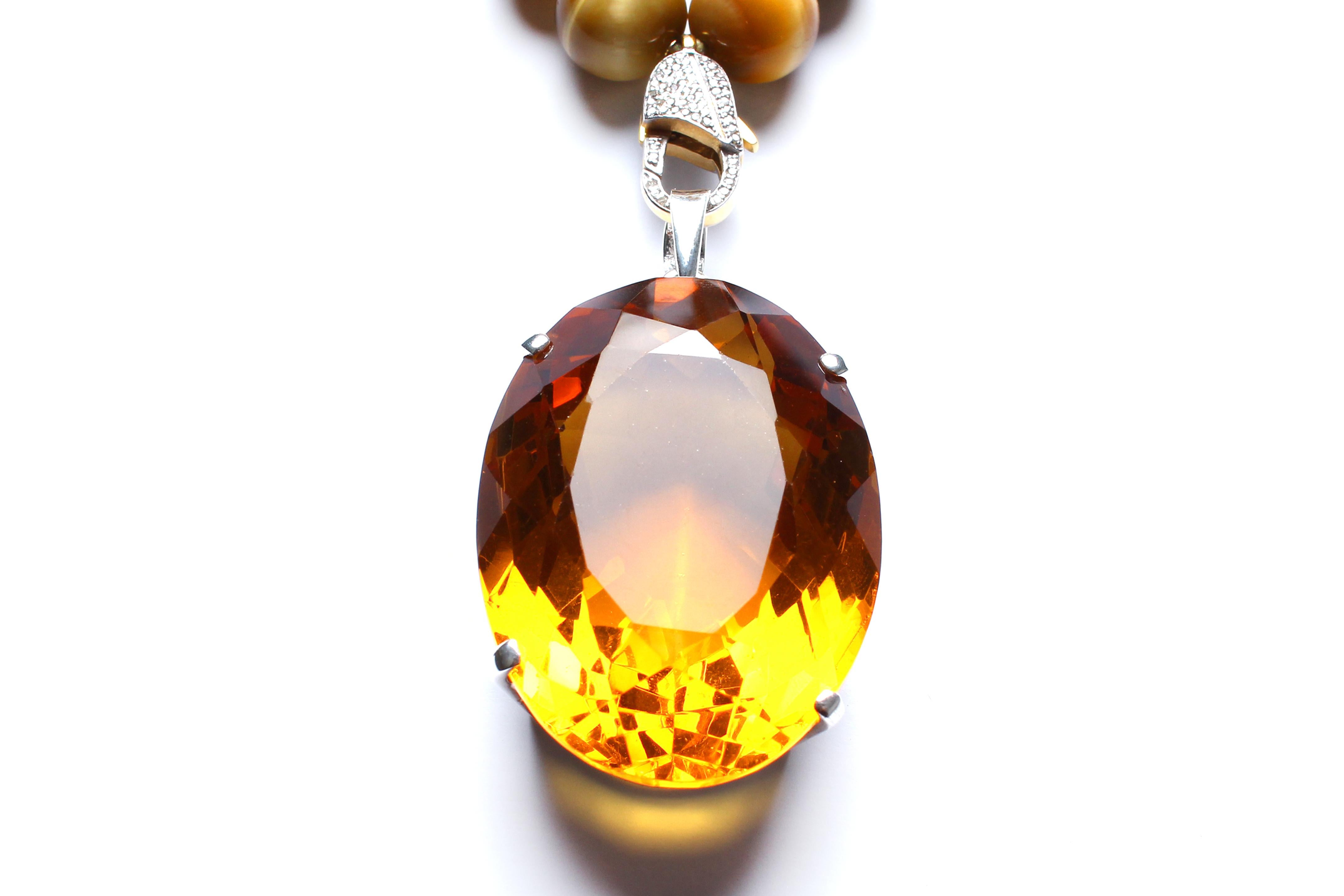 Clarissa Bronfman Tiger Eye Beaded Necklace with Citrine Pendant In New Condition In New York, NY