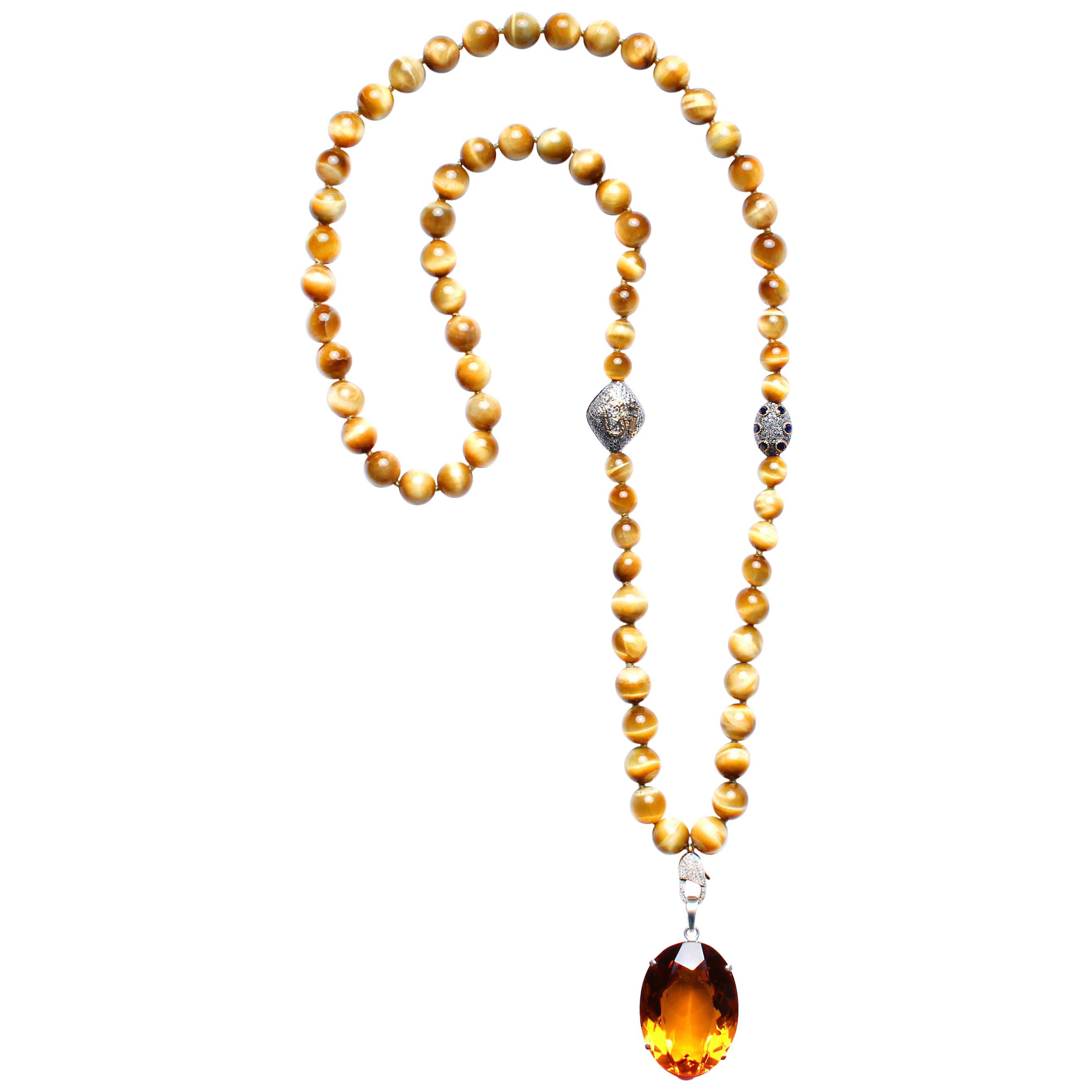 Clarissa Bronfman Tiger Eye Beaded Necklace with Citrine Pendant