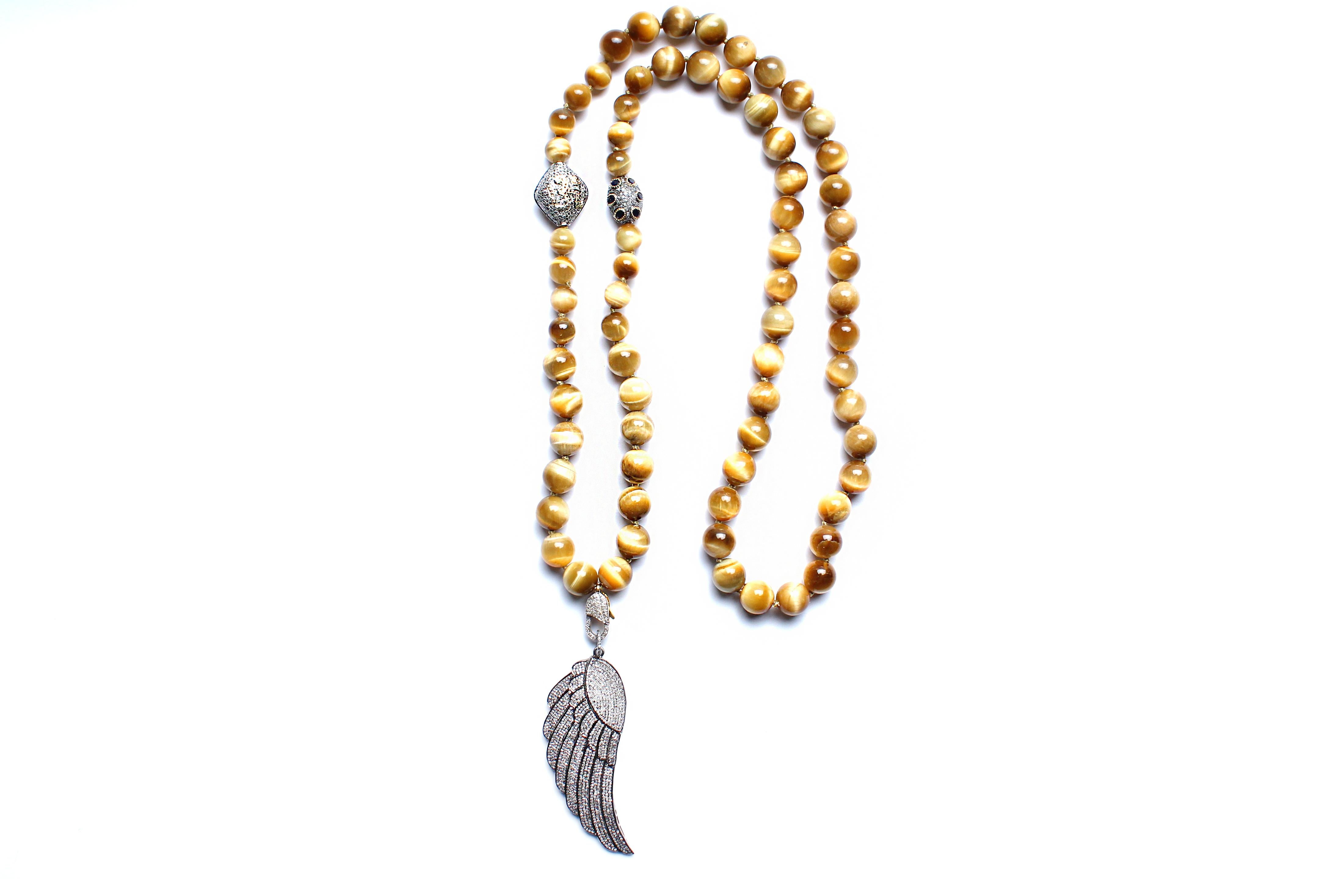 Clarissa Bronfman Tiger Eye, Diamond, 14 Karat Gold, Sapphire Beaded Necklace In New Condition In New York, NY