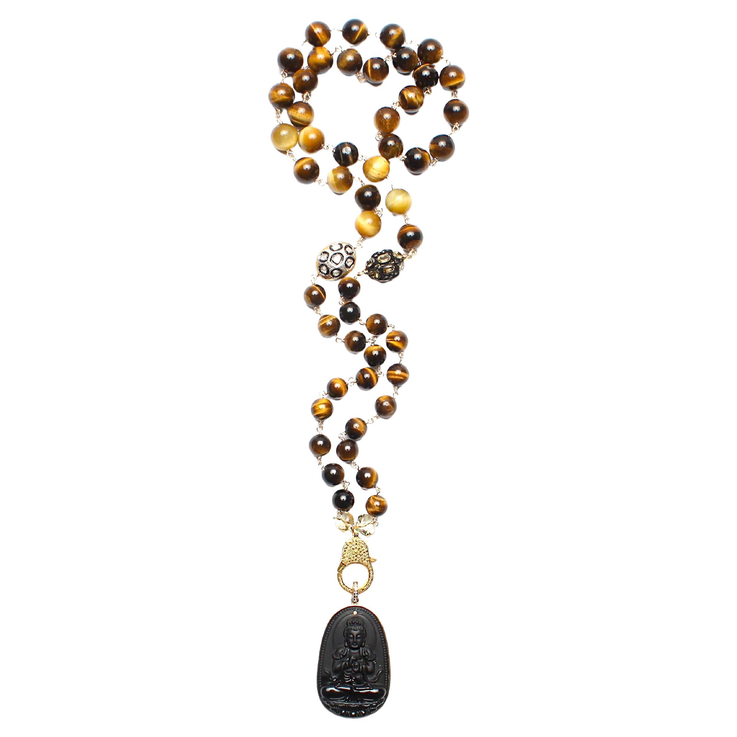Clarissa Bronfman Tiger Eye Diamond Gold Citrine Rosary &14k Gold Buddha Pendant