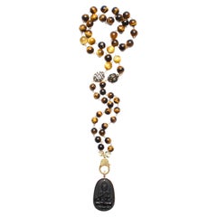 Clarissa Bronfman Tiger Eye Diamond Gold Citrine Rosary &14k Gold Buddha Pendant